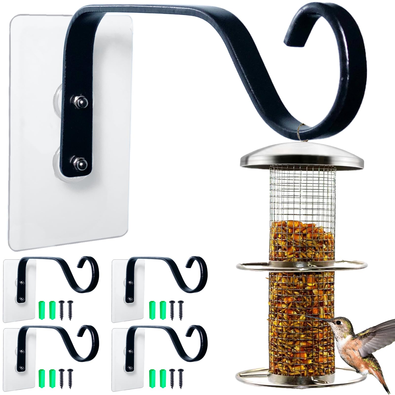 KasaRacks 4-Pack Window Bird Feeder Hook, Strong Hanger with Traceless Adhesive & Screws, Window Mounted Load-Bearing Hook for Bird Feeders, Wind Chimes, Plants (Black)