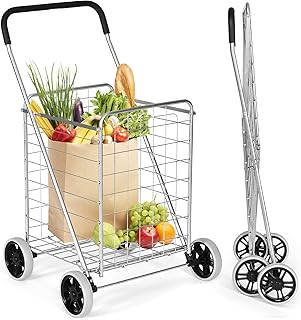 Goplus Shopping Carts for Groceries, Heavy Duty Grocery Cart on Wheels Foldable, Portable Folding Shopping Cart with Wheels, Collapsible Versatile Rolling Utility Cart for Laundry (Silver)