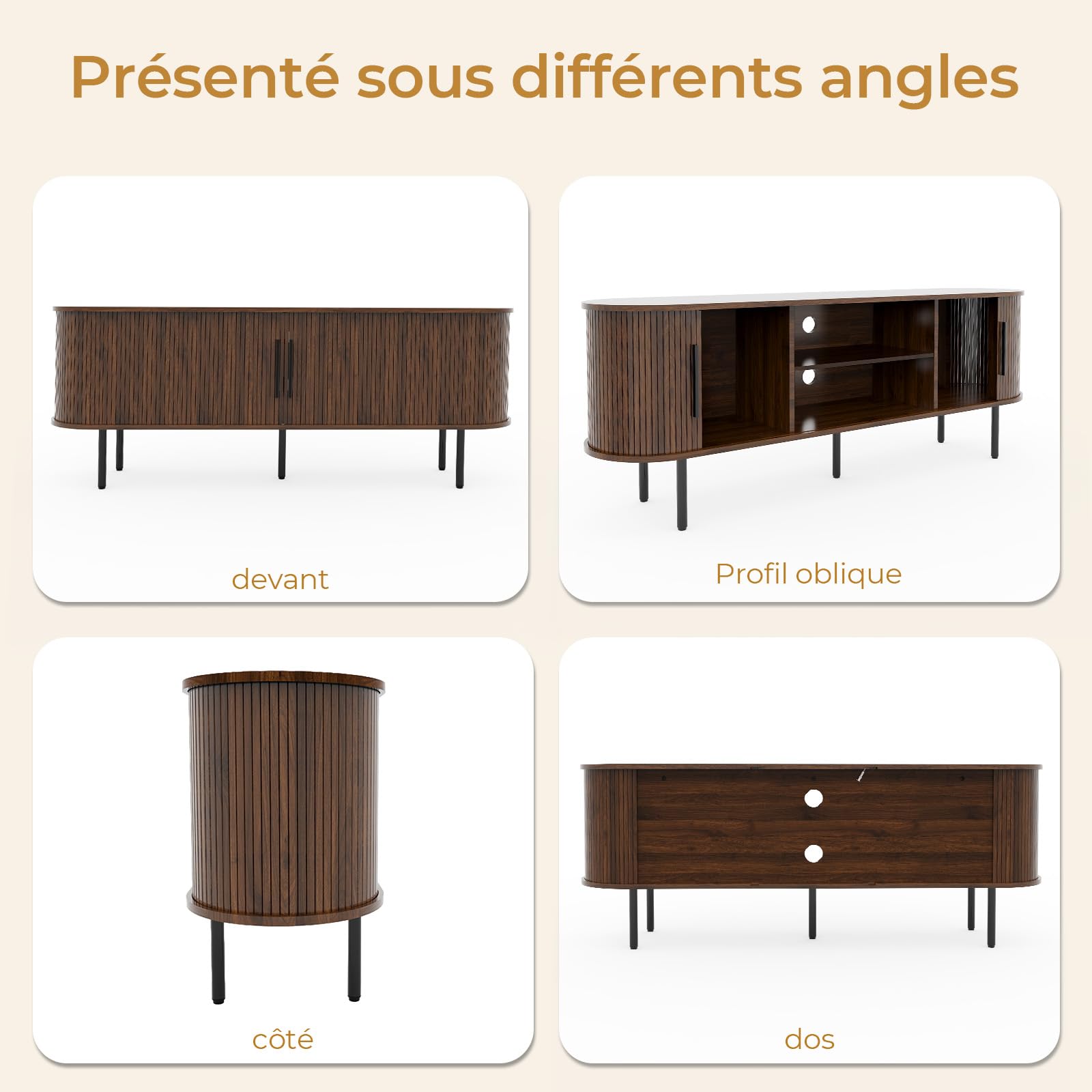 LEADZM Meuble TV avec 2 Portes Coulissantes Étagère Ajustable pour Salon et Chambre à Coucher, Style à lamelles Verticales, 147 x 35 x 58 cm (Noyer)