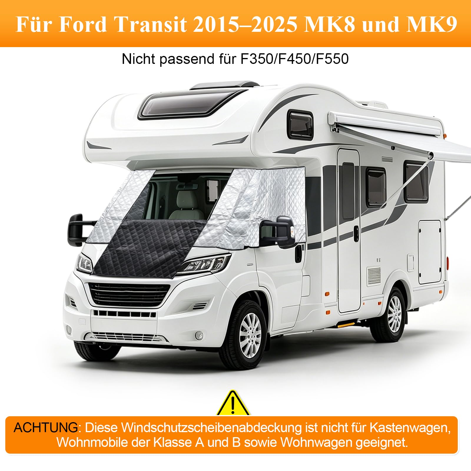 Frontscheibenabdeckung Ford Transit 2015-2025 MK8 & MK9 - Thermomatte Außen Sonnenschutz Ford Transit Wasserdicht Scheibenabdeckung für Wohnmobile und Kastenwagen