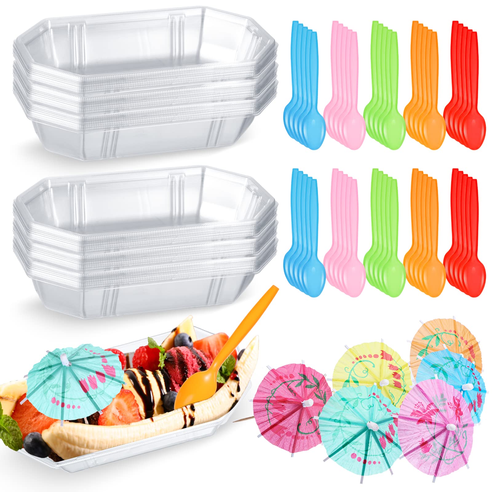 Sabary 200 Pack Ice Cream Sundae Bar Supplies Include 50 Pcs Plastic 12 oz Banana Split Boat 50 Pcs Paper Umbrella and 100 Pcs Spoon Disposable Ice