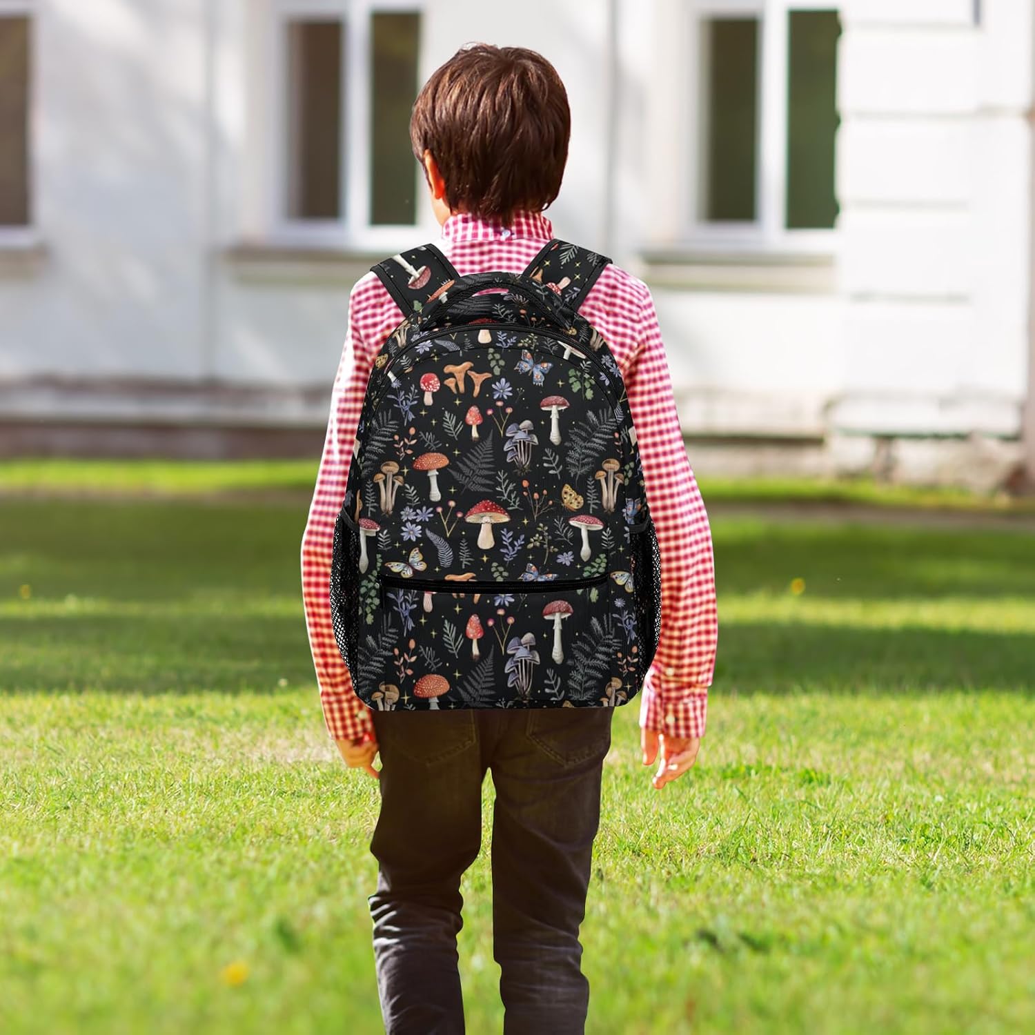 Mushroom Backpack for Girls Women, Vintage Forest Mushroom with Leaf Floral Flowers Butterfly Backpack for Kids, 16.5 inch Laptop Backpacks Bookbags for School Travel, Balck Starry Stars - Image 5