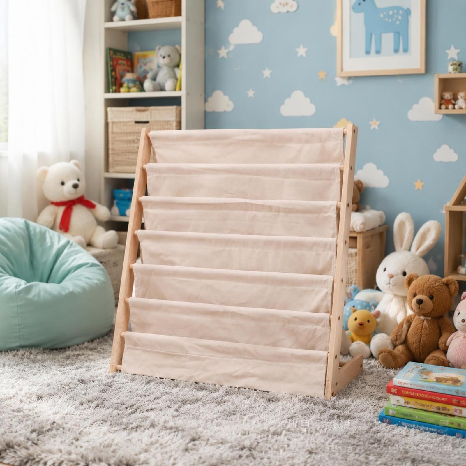 Libreria in Legno a più Ripiani Multistrato Organizzatore Libri da Pavimento Struttura Stabile Libreria Bambini per Angolo Lettura, Piccolo, Bianco Riso