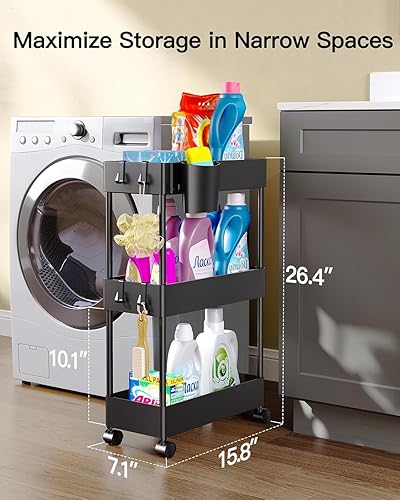 Miniatura 2 de Pipishell Carrito de almacenamiento delgado con ruedas, organizador de baño de 3 niveles y carrito de almacenamiento, carritos rodantes para baño,