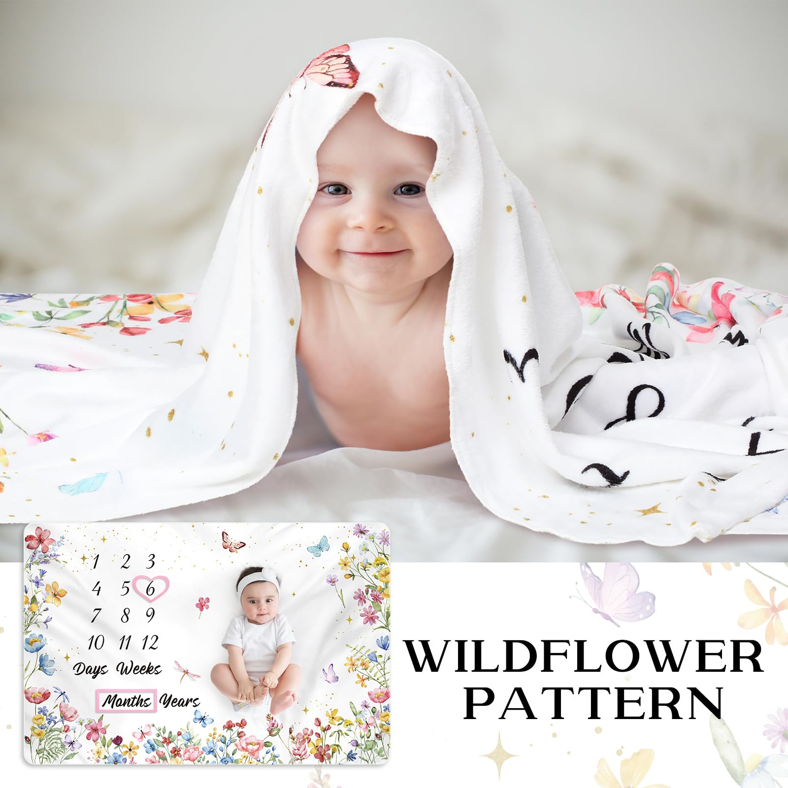 Nuanchu Manta mensual de hitos para bebé, niña y niño, 60 x 40 pulgadas, forro polar suave para los primeros 12 meses, gráfico de crecimiento para recién nacido, fondo de fotografía del primer año