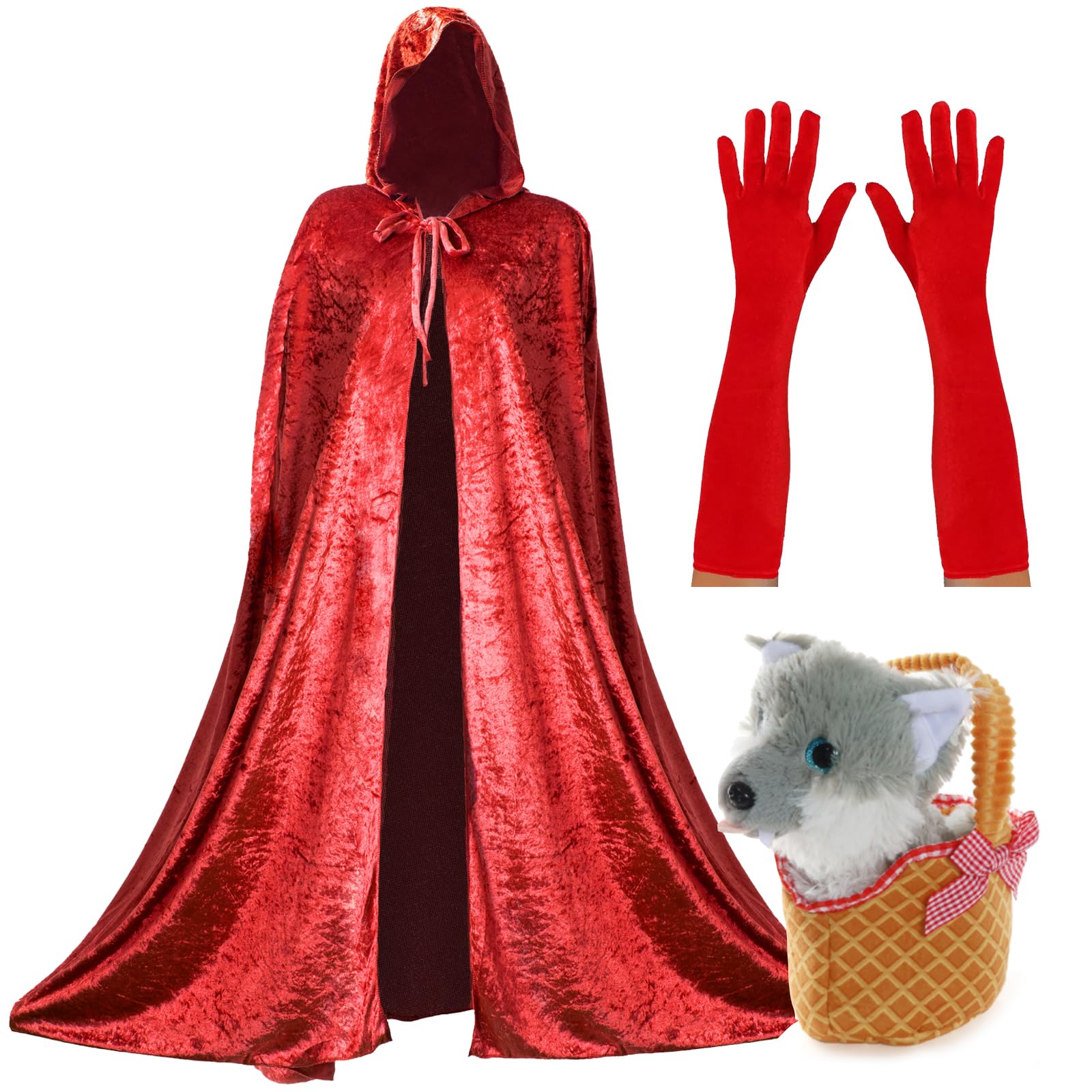 I LOVE FANCY DRESS Ladies Red Riding Hood Accessory Set - Red Velour Cape, Gloves, Basket & Wolf Toy - Adults World Book Day Costume