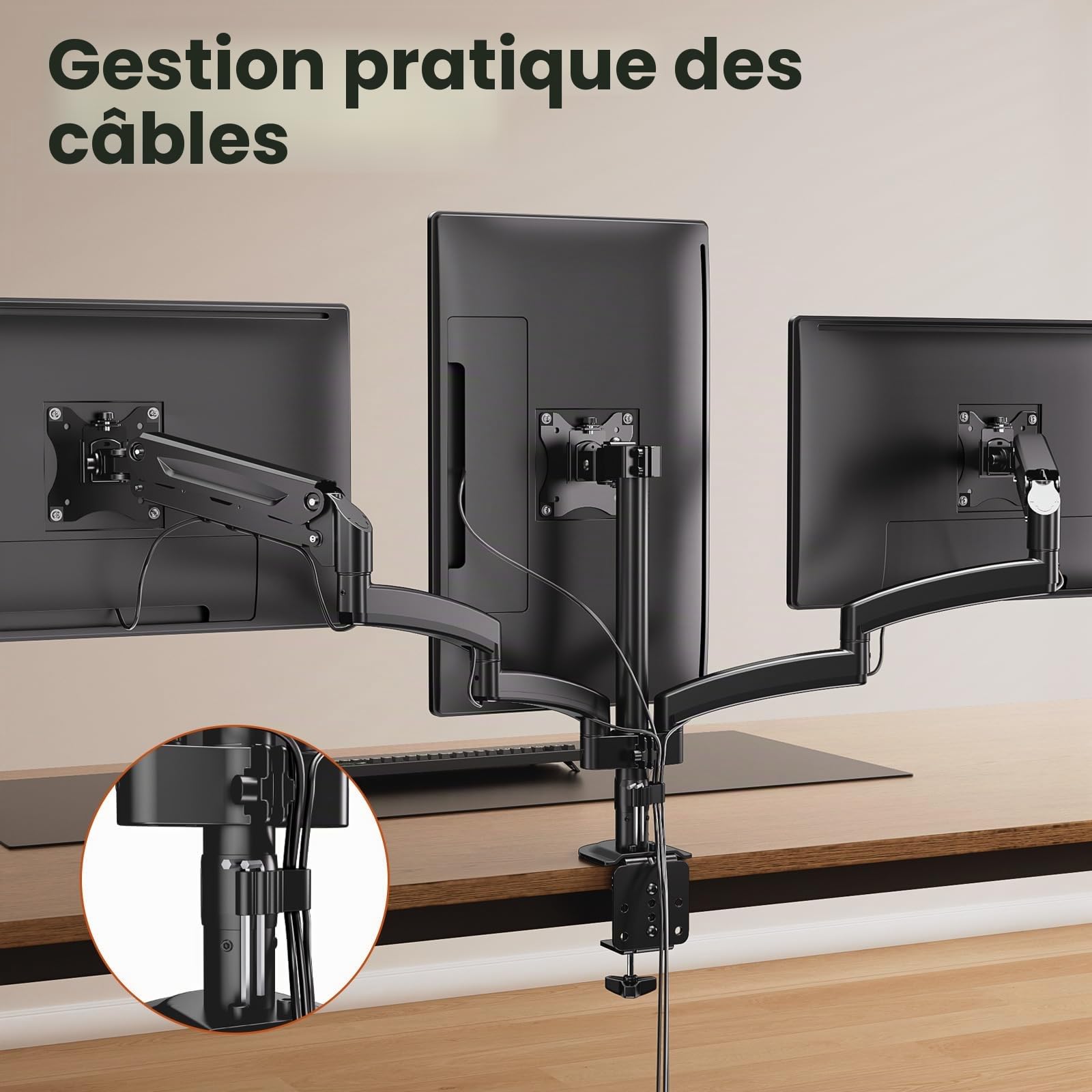 PUTORSEN Support 3 Écran PC Moniteur, Premium Aluminium Bras Articulé Ergonomique Ressort Gaz pour Triple Écrans 17-27", Hauteur Réglable Inclinaison Pivot et Fixation Bureau, Bras Supporte 7kg