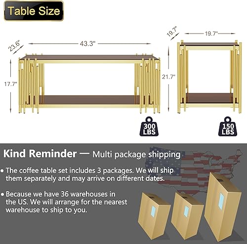 Miniatura 2 de Juego de 3 mesas auxiliares doradas de lujo de 43 pulgadas con parte superior de vidrio marrón, mesa auxiliar moderna para sala de estar con patas