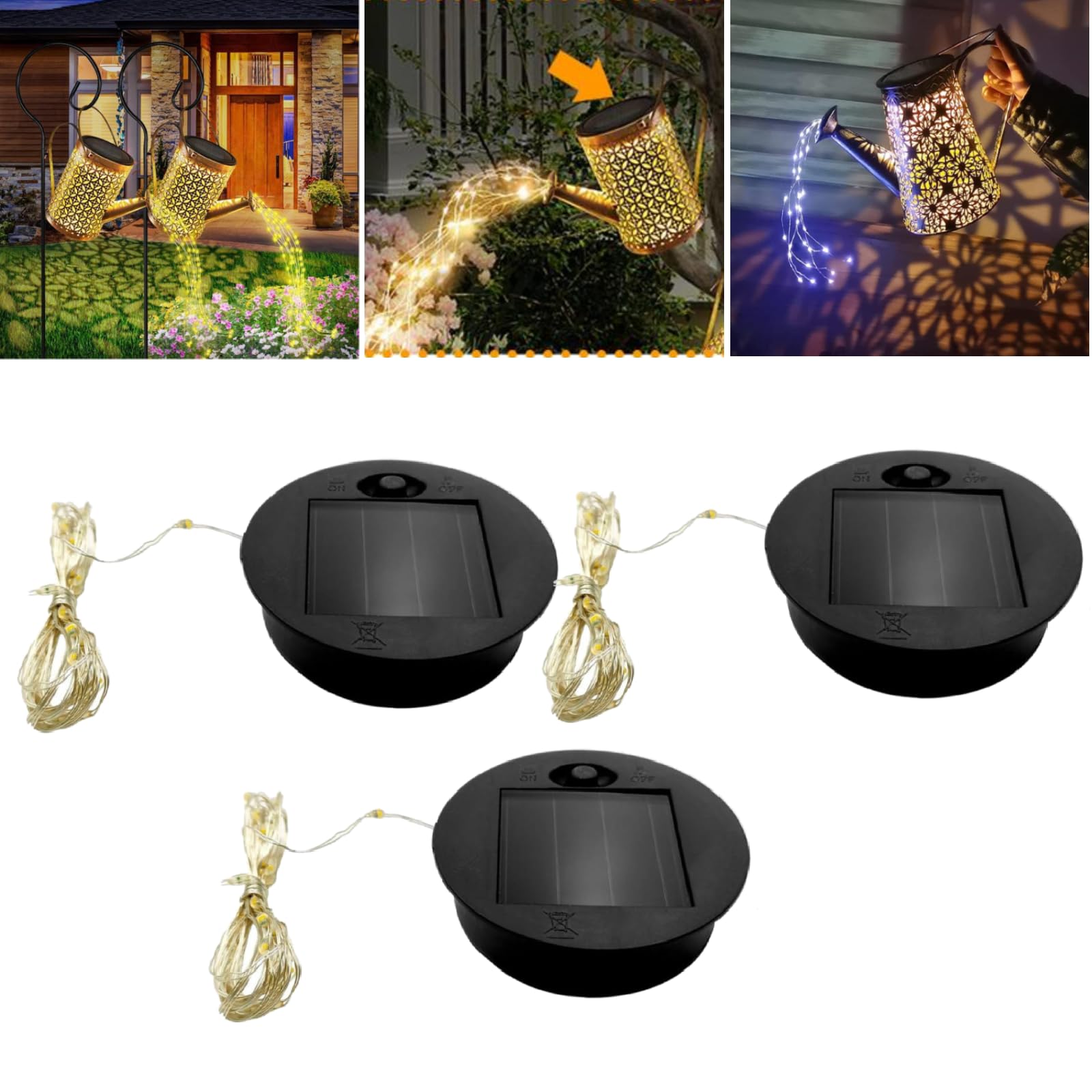 3 Pcs Solar Light Replacement Top – 2.76" Round Panel with Warm String Lights, Bottom Size 2.36", Waterproof & Easy Install, for Outdoor Hanging Lanterns, Garden Solar Lights, Watering Can Decor