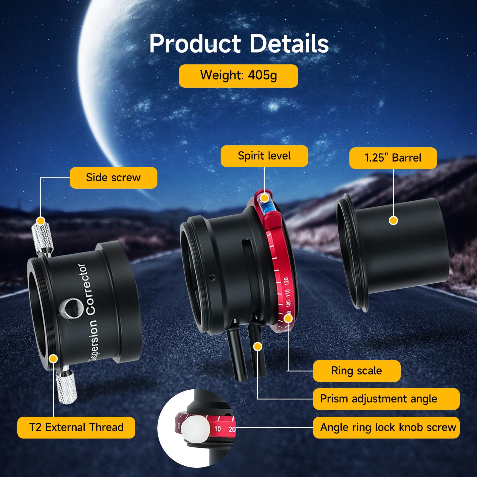 Svbony SV199 Correttore di Dispersione Atmosferica, ADC da 1,25" con Livella a Bolla e Angolo di Deviazione di 2,25° per Astrofotografia