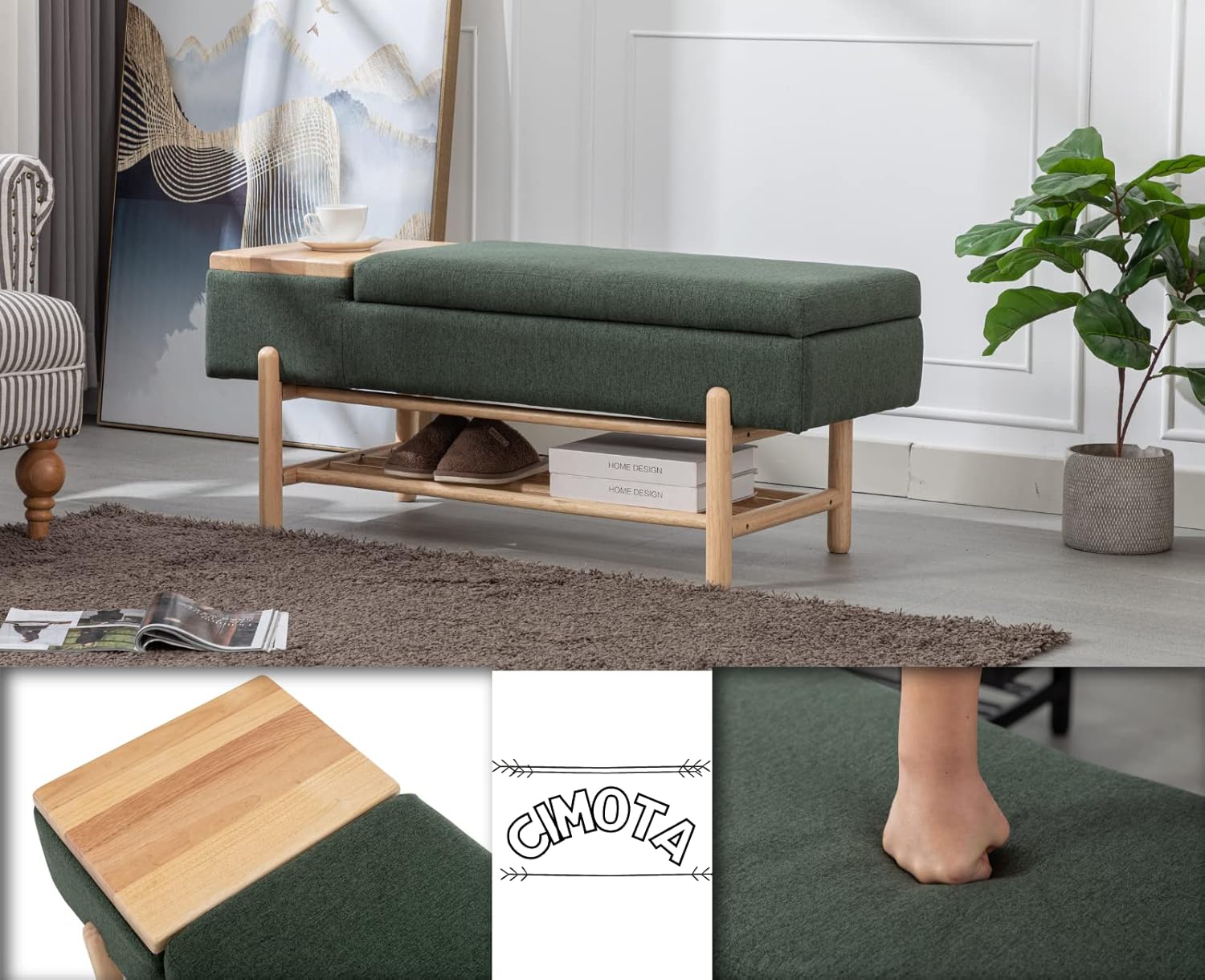 CIMOTA Entryway Storage Bench for Bedroom Upholstered End of Bed Ottoman Bench with Wood Shoe Storage/Coffee Table for Living Room/Hallway/Under Window, 46.5 Inches, Linen Green