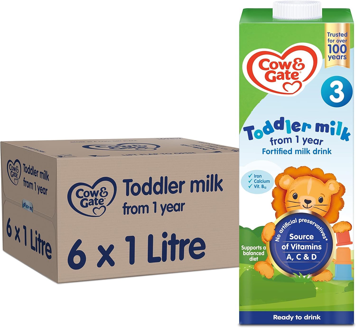 Cow & Gate 3 Toddler Baby Milk Ready to Use Liquid Formula, 1-3 Years, 1 L (Pack of 6)