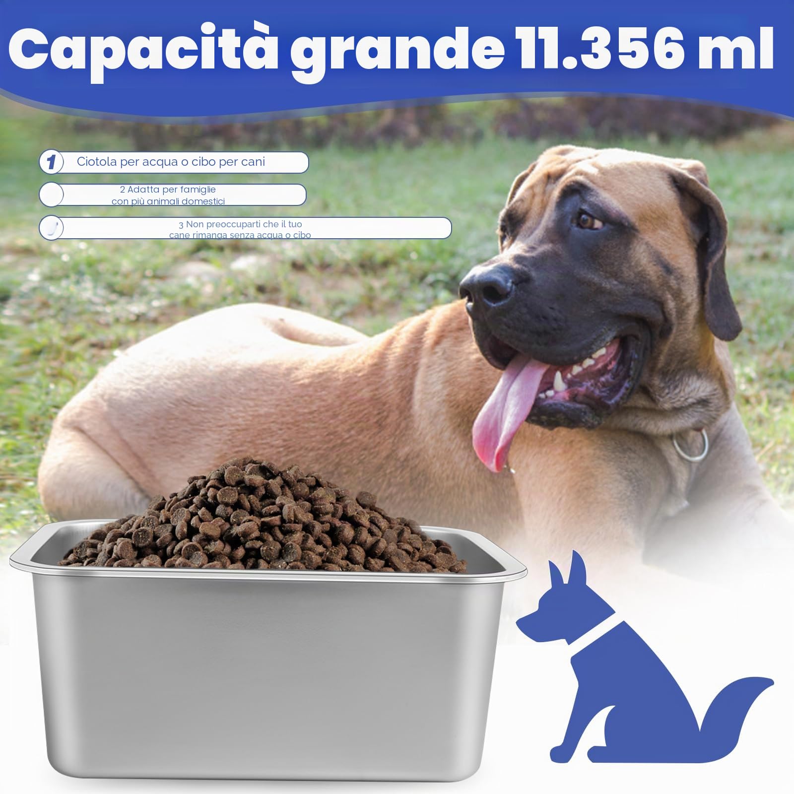 Ciotola d'Acqua per Cani 11,4 L/401 Oz - In Acciaio Inox per Razze Medie e Grandi, Durevole, Anti-Caduta e Facile da Pulire, 36 × 27 × 15 cm