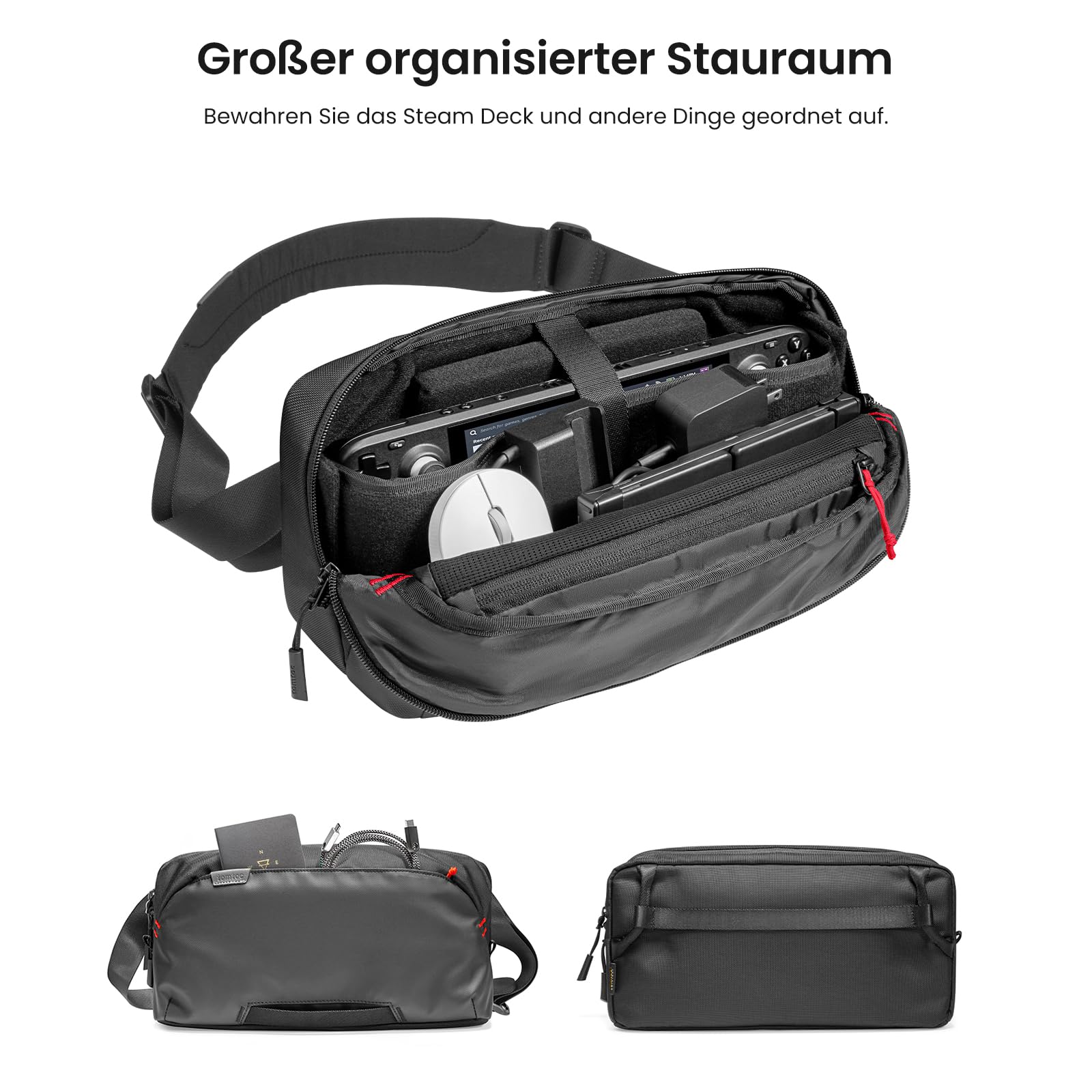 tomtoc Tragetasche Kompatibel mit Steam Deck (OLED)/Nintendo Switch 2/Rog Xbox Ally (X)/MSI Claw 8/7 AI+, Große Kapazität Aufbewahrung Bag Case Schultertasche für Reise mit Ladegerät, Dock, Zubehör