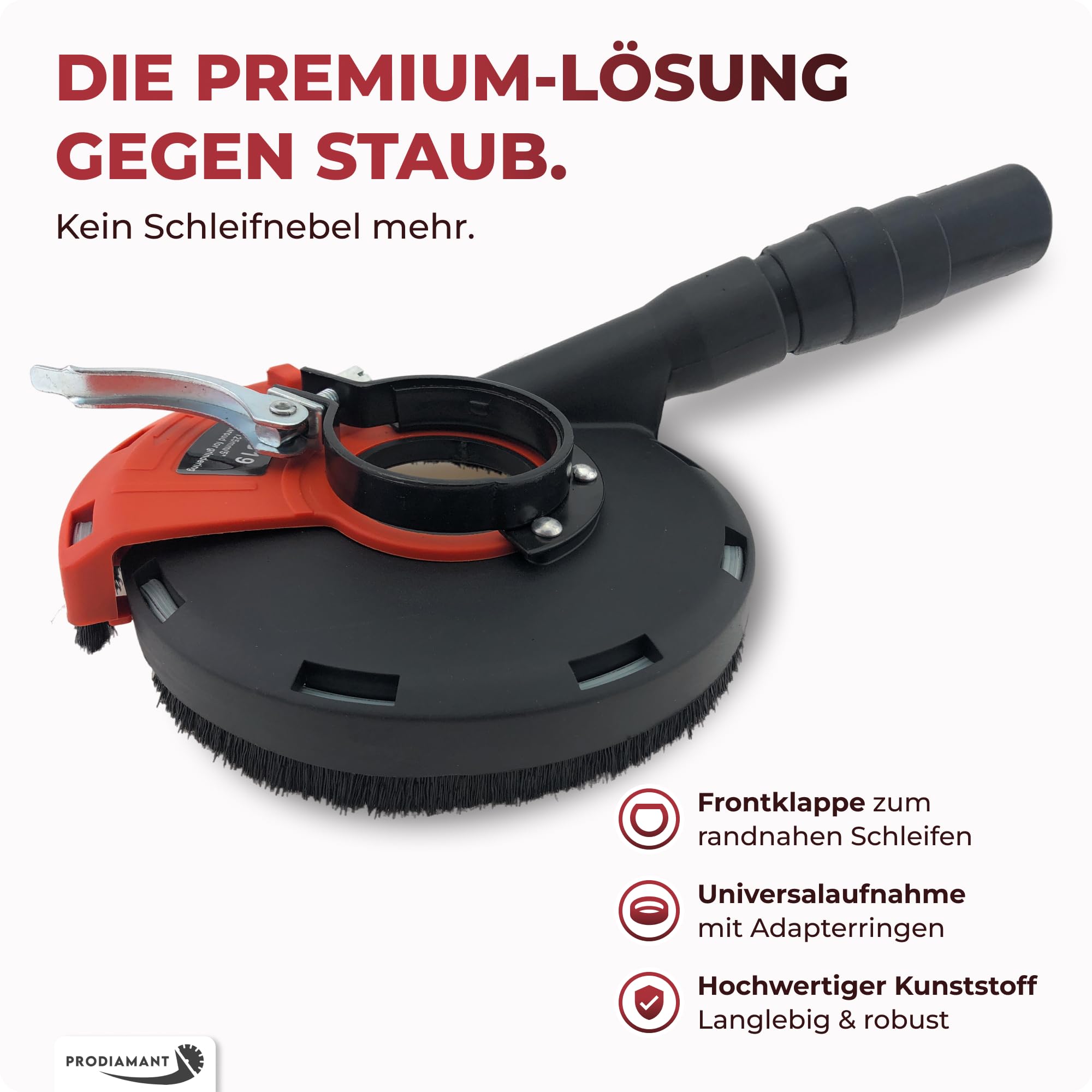 PRODIAMANT® Absaughaube für Winkelschleifer [INKL. ADAPTERRINGE, SPANNSCHLÜSSEL & STAUBSAUGERADAPTER] - mit Bürstenkranz - Staubfreies Arbeiten - Premium-Werkzeug mit Diamant-Schleiftopf - 125mm