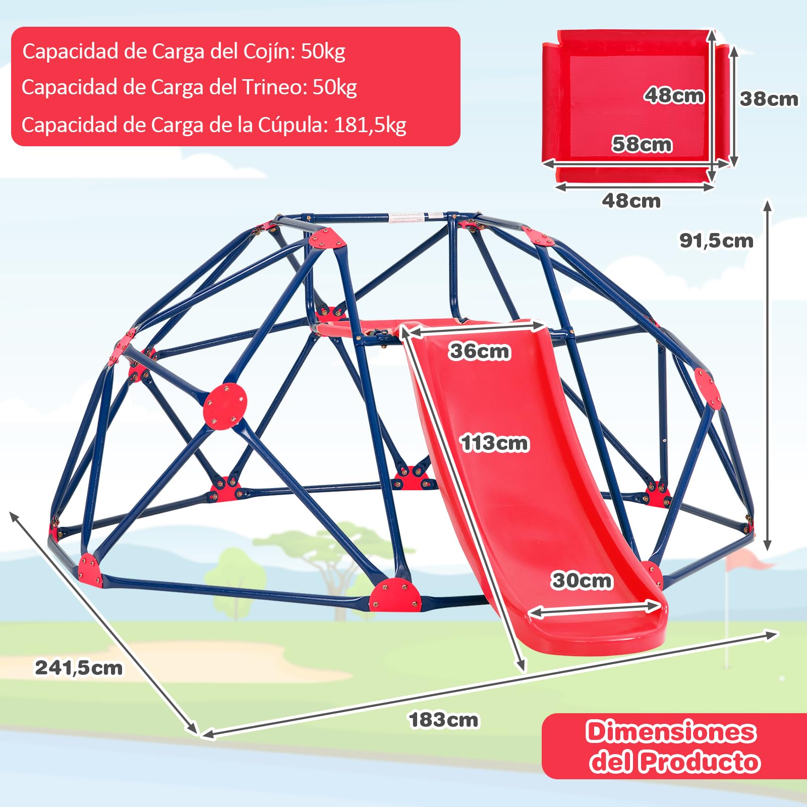 COSTWAY Cúpula de Escalada, Juego de Cúpula Geométrica con Tobogán Resistente, hasta180 KG, Cojín de Tela, Niños de 3-10 Años, Patio, Jardín, Parque (Rojo)