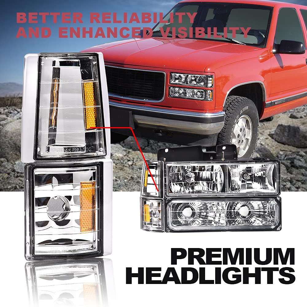 CNNELL Corner Signal Lights Side Marker Lamps Compatible with GMC 1994-1999 C1500 K1500 Yukon C2500 K2500 Suburban/1994-2000 C2500 C3500 K2500 K3500 4Pcs, Clear lens Chrome Housing Amber Reflector