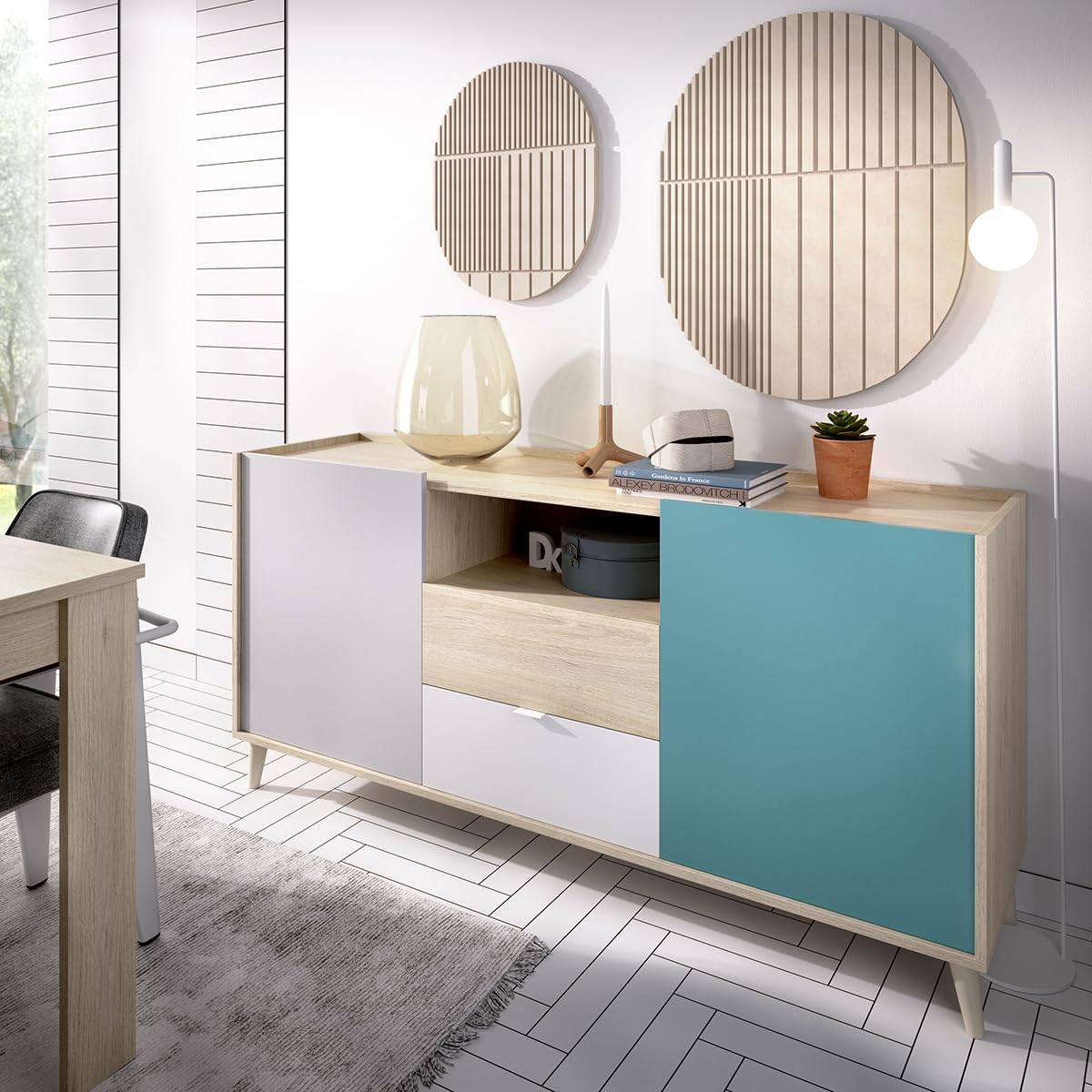DEKIT GRUPO RIMOBEL NOVA - APARADOR DE 2 PUERTAS Y 2 CAJONES CON ALMACENAJE -75X155X43 cm - BLANCO / NATURAL / GRIS / ESMERALDA