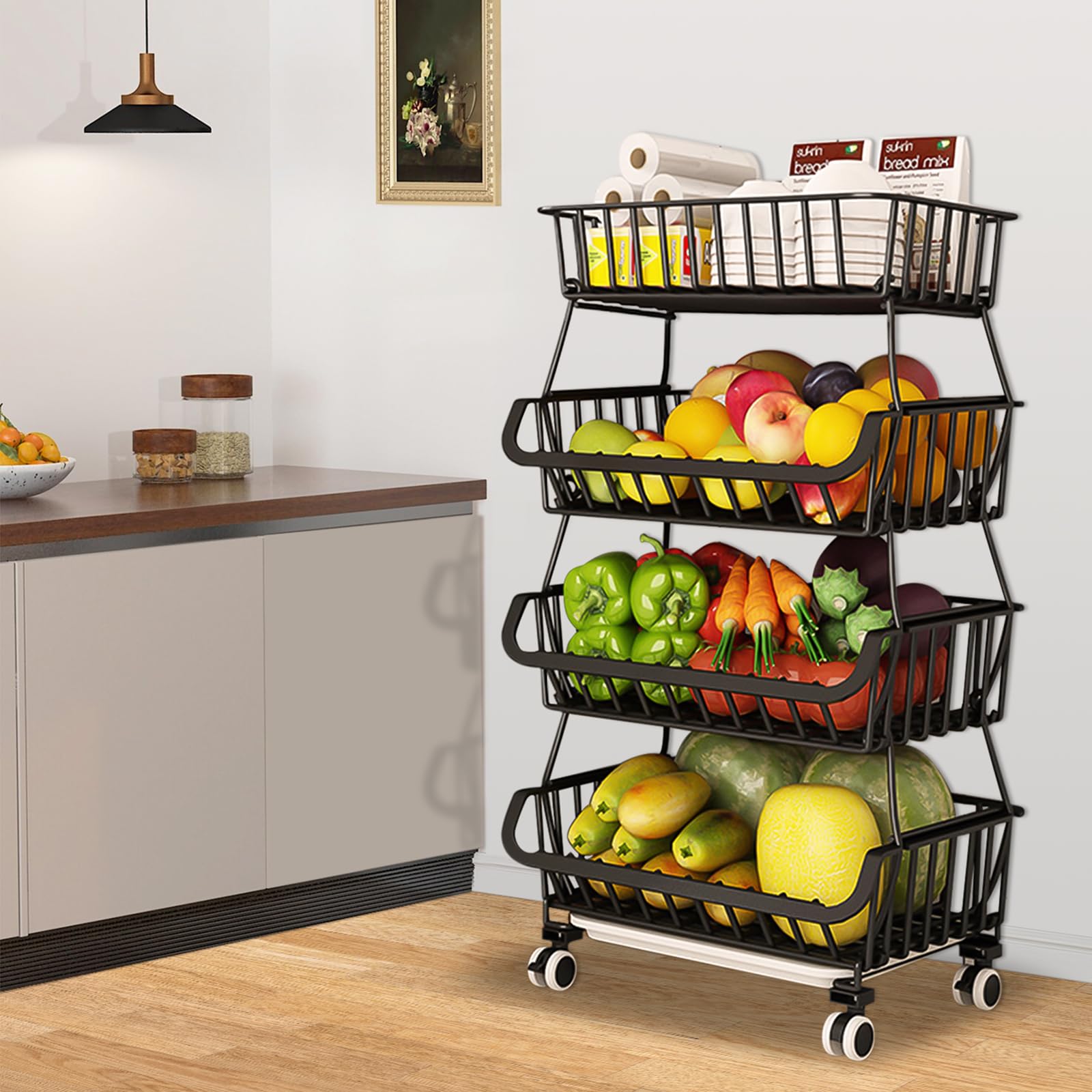 Carrello Portafrutta,Cestino per Frutta a 4 strati Cestino Cesti Impilabili su Ruote,cesto per frutta e verdura per Cucina, Dispensa, Ripostiglio, Bagno,verdura, articoli da toeletta