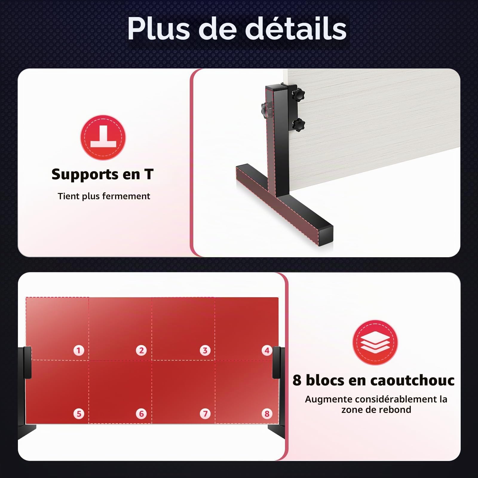 Ping Pong Rebounder Planche de tennis de table rebond avec 8 caoutchoucs rouges, équipement d'auto-entraînement pour la maison, la gym, l'intérieur et l'extérieur