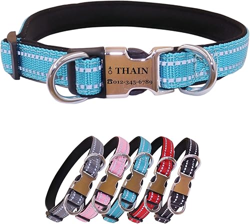 THAIN Collar reflectante personalizado para perro con hebilla personalizada, collar de nailon suave para mascotas con nombre grabado, número de