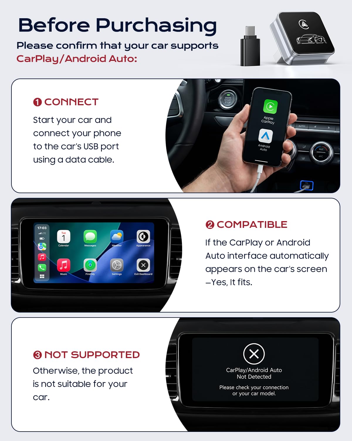 CarPlay Wireless Adapter, 2026 Upgrade entwickelt für CarPlay & Android Auto, Plug & Play, OTA-Update, Bluetooth 5.3 & Dual WiFi 6, schnell und stabil, Grau