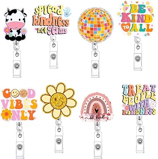 Remuuly 8 Pcs Cute Nurse Badge Reel Retractable Glitter Cow Daisy Smile Face Pink Bow Girly Funny Accessories Name Tag ID Clip Holder for Christmas Nurse Gifts Office School Hospital Teacher
