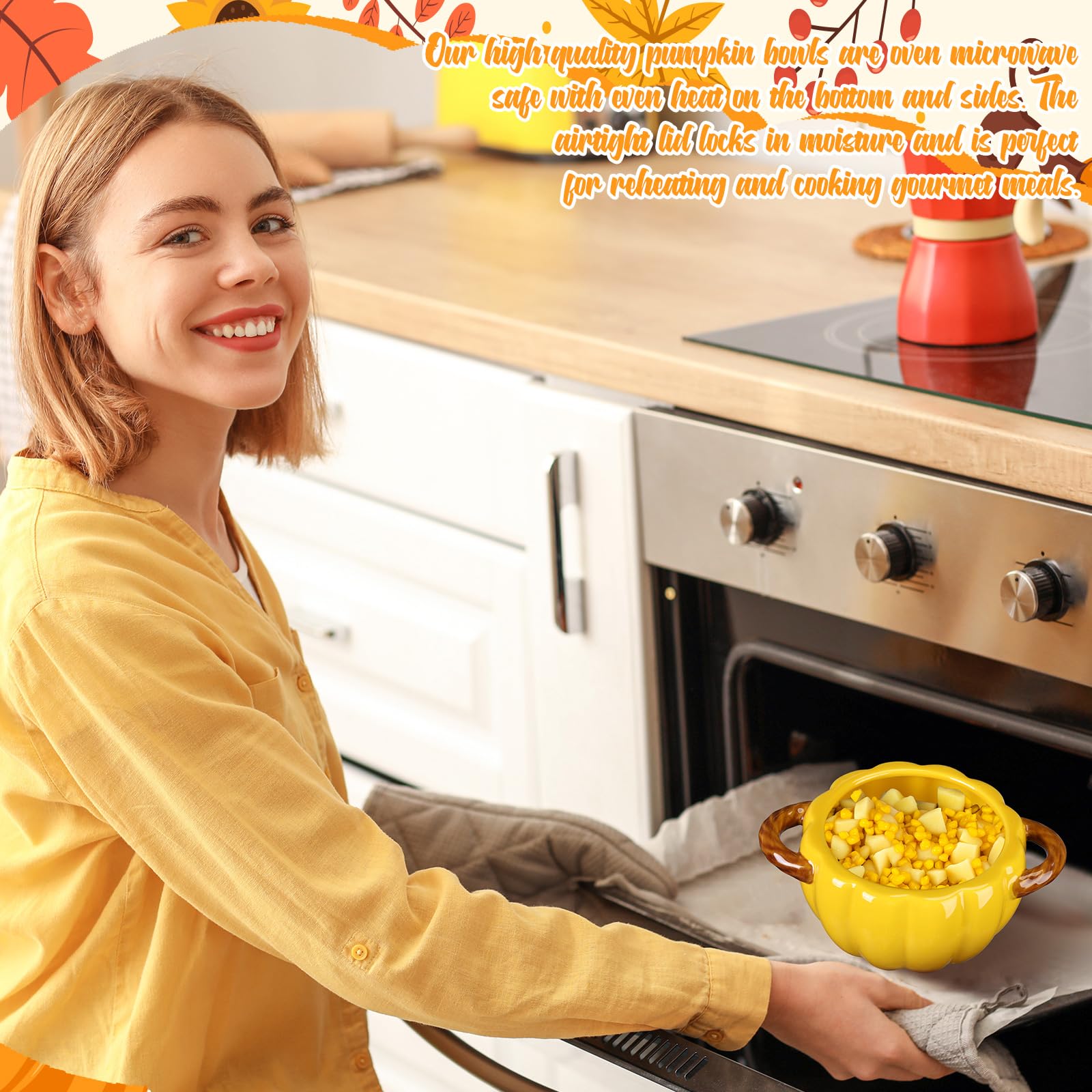 Uiifan Lot de 2 bols à citrouille en céramique de 500 ml pour la cuisine - Marmite mignonne sans danger pour la citrouille avec couvercle à double oreille pour Thanksgiving, automne, pâtisserie,