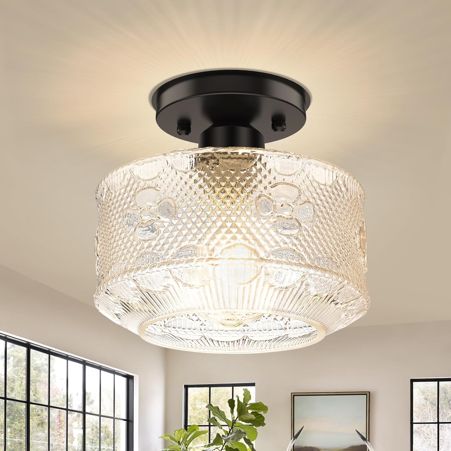Semi Flush Mount Ceiling Light, Black Hallway Glass Ceiling Light