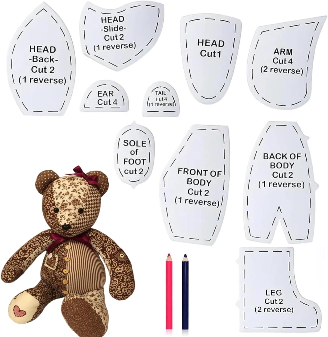 Memory Bear Sewing Pattern 15inch Reusable Acrylic, Teddy DIY Quilting Templates with Marking Pencils, Handmade Needlework Crafts Ruler Set for Keepsake Bears Old Clothes