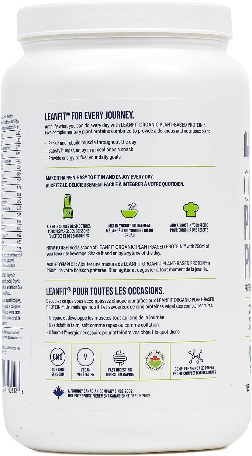 LEANFIT ORGANIC PLANT-BASED PROTEIN, Natural Chocolate - Vegan, Soy Free, Gluten Free, Dairy Free, Sugar Free - 21g Protein, 19 Servings, 715g Tub - 5