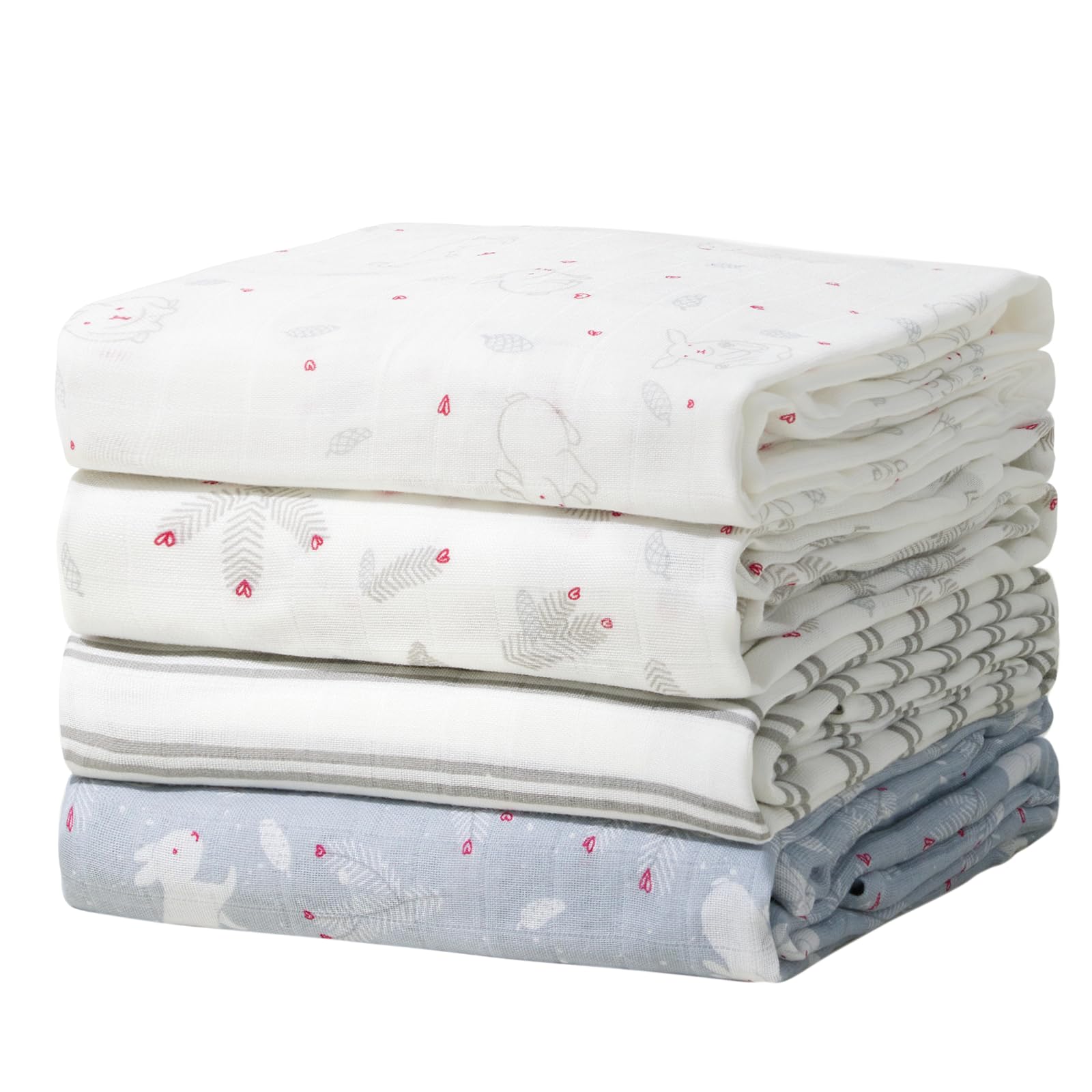 Momcozy Musselin-Wickeltücher, 4er-Pack, ultraweich, neutral abgestimmt, atmungsaktive 2-lagige Gaze, groß, 119,4 x 119,4 cm, Wickeldecke für Neugeborene, Jungen und Mädchen, Kaninchen
