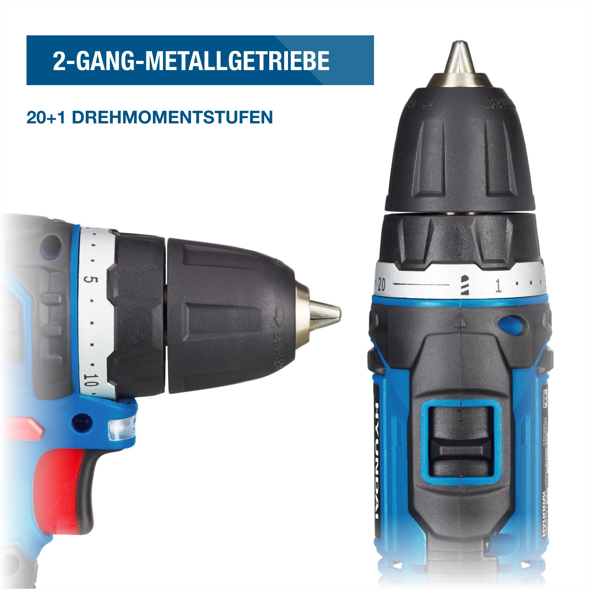 HYUNDAI Akkuschrauber CD1201LI SET, Akkubohrschrauber 12V, Akkubohrer, Bohrmaschine im Koffer mit 1 x 2.0Ah Akku, Schnellladegerät, inkl. 13-teiligem Zubehör