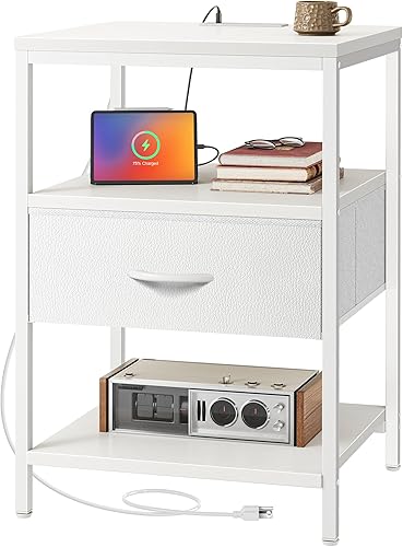 Miniatura 16 de SUPERJARE - Juego de 2 mesitas de noche con base de carga, cajón de tela ajustable, mesita de noche para dormitorio, de 3 niveles, para sala de café