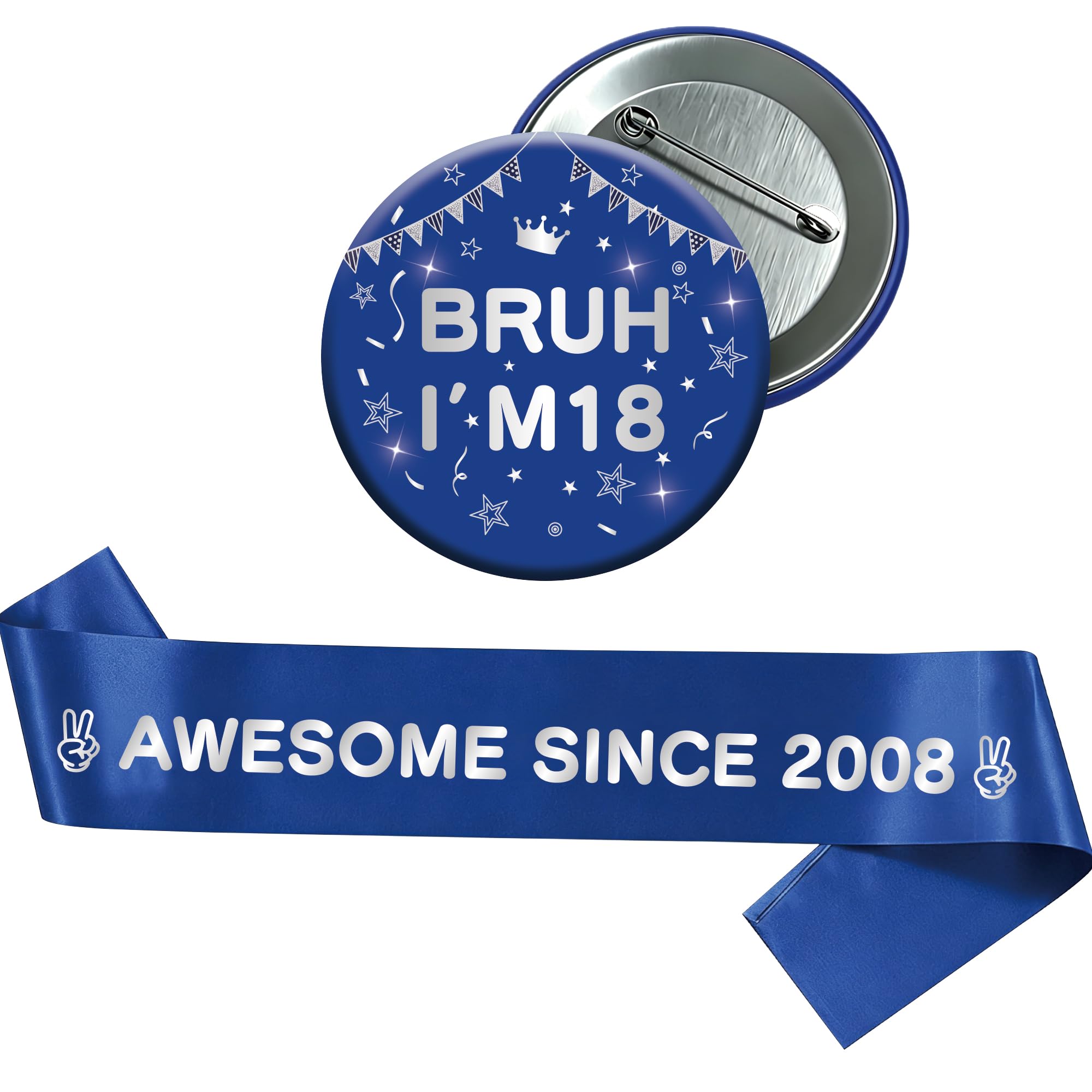 Yiiyyuuko 18th Birthday Decorations Badge Sash - Blue Silver Vintage Awesome Since 2008 Sash and Badge Accessory Gift for Boys 18 Year Old Retro Theme Happy Birthday Party Supplies