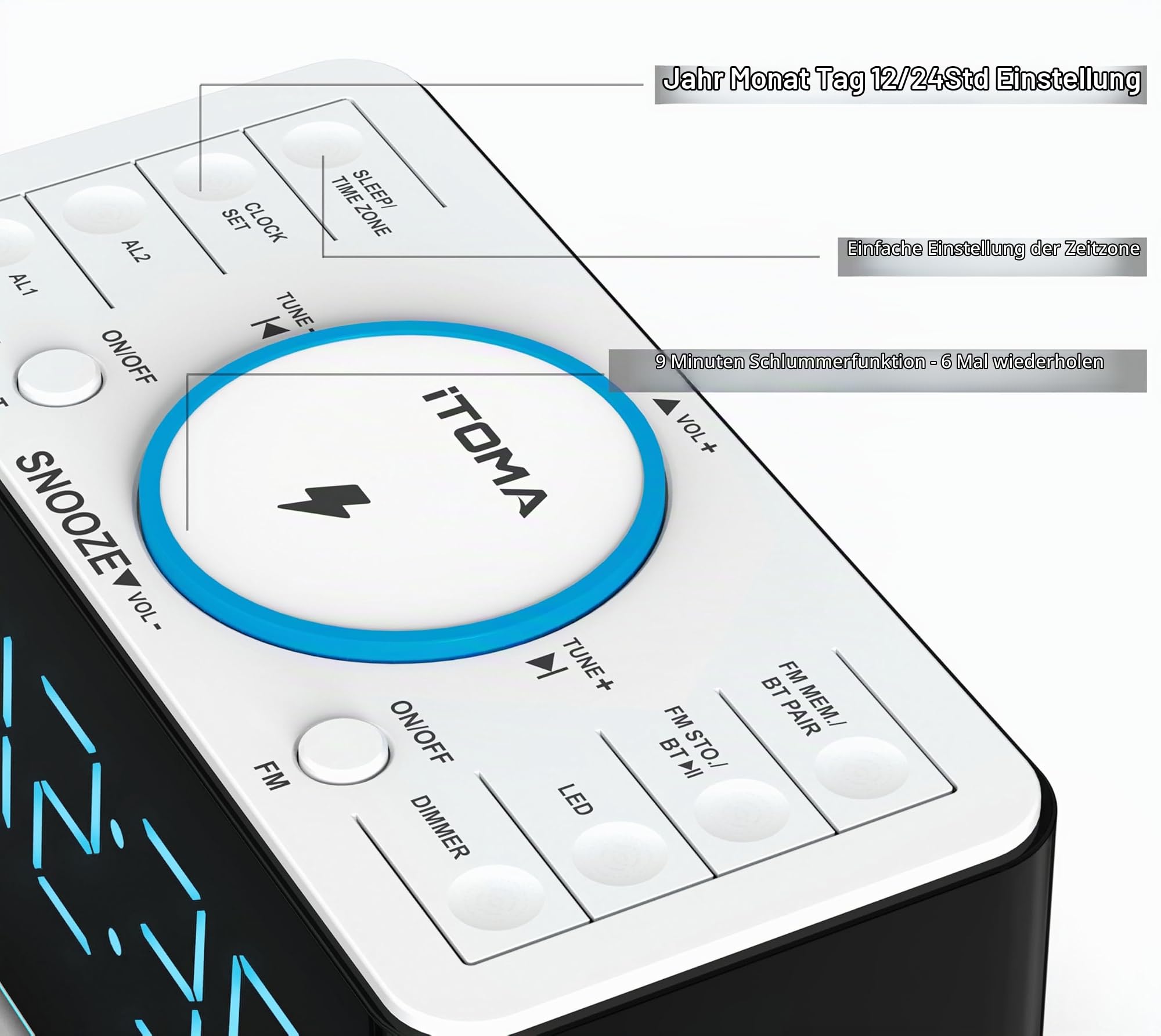 iTOMA Radiowecker, 15 Watt kabellose Ladegerät, APP-Steuerung, Bluetooth, USB-Anschluss, Dual-Alarm, Snooze, Dimmer, 1,4-Zoll-Display Eisblau-LED-Nachtlicht CKS207 (207A)
