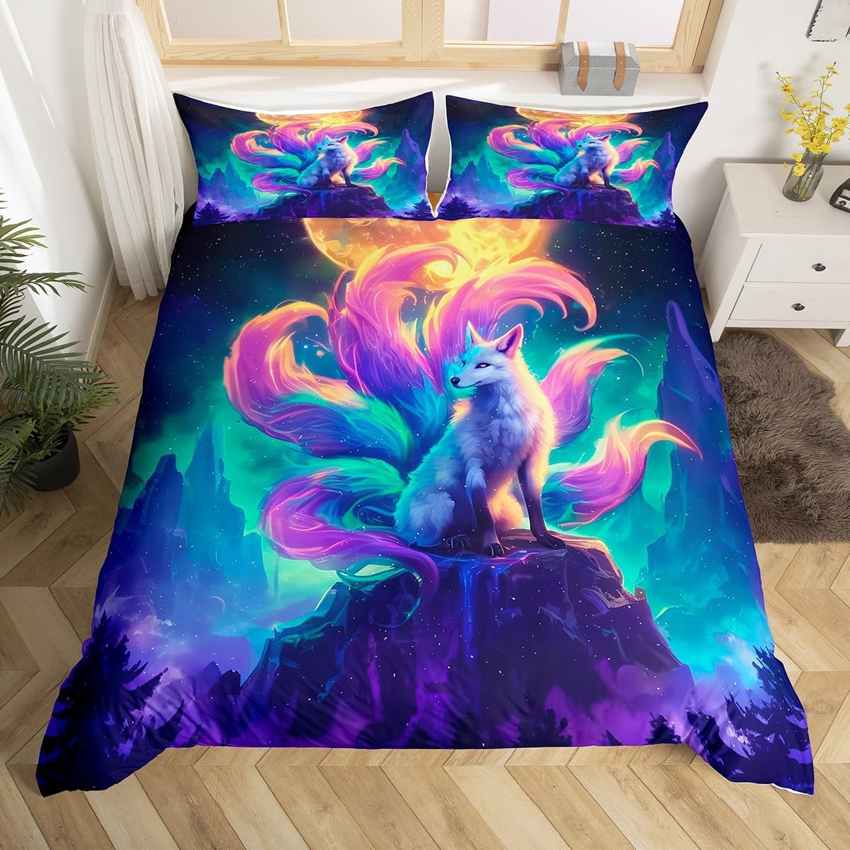 Fox Duvet Cover Set Queen Size,Moonlight Magical Animal Bedding Set Kids Boys Girls Room Decor,Japanese Style Fox Comforter Cover 3Pcs,Pine Tree Starry Sky Microfiber Bedspreads Cover,2 Pillowcases