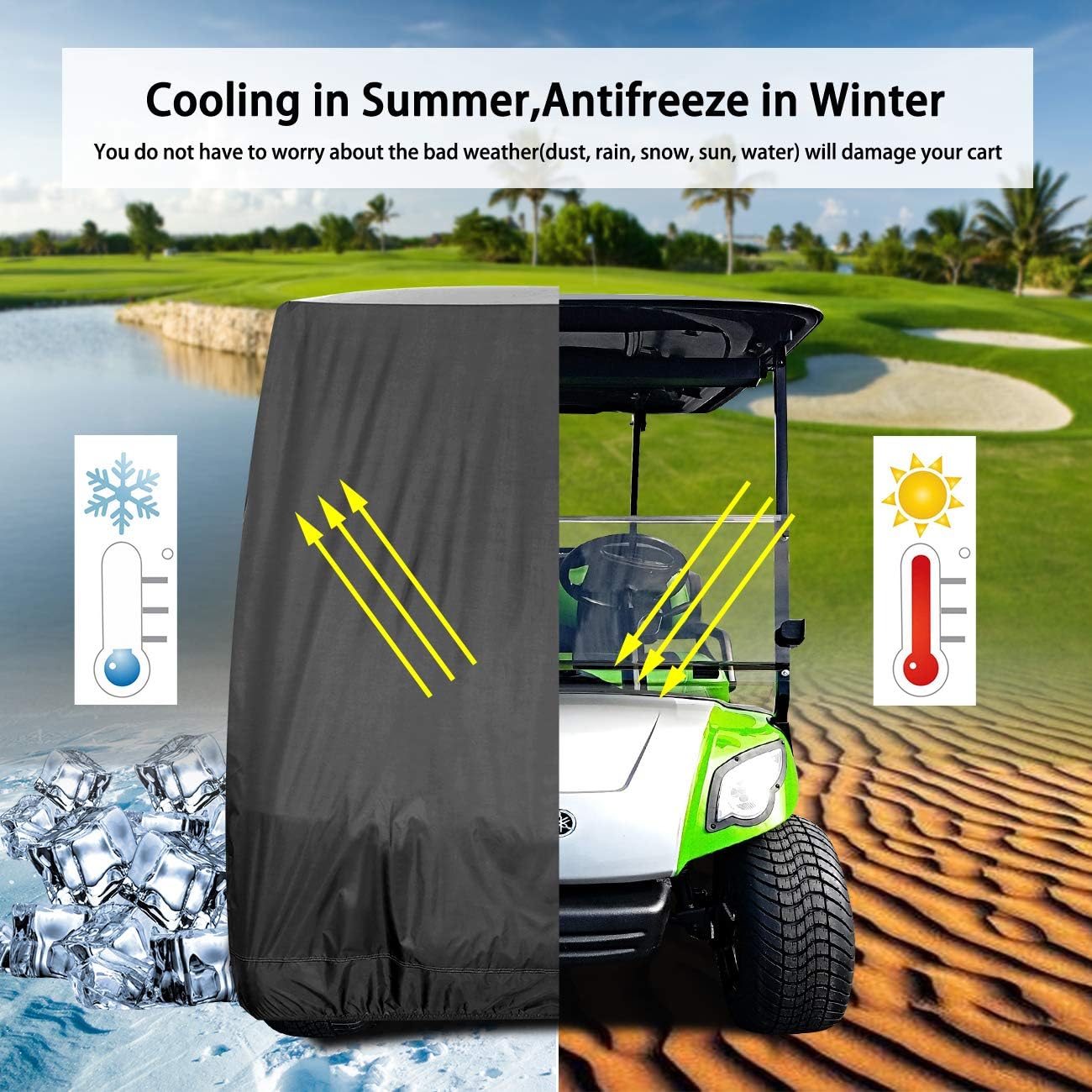 10L0L 500D Waterproof Golf Cart Cover Universal Fits for Club Car, E-Z GO, Yamaha and Most Brand 4 Passenger All-Weather Polyester Full Cover with Three Zipper Doors