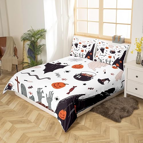 Miniatura 2 de Feelyou Juego de ropa de cama con temática de Halloween para niñas y niños, tamaño Queen, juego de funda de edredón de mago fantasma, funda de
