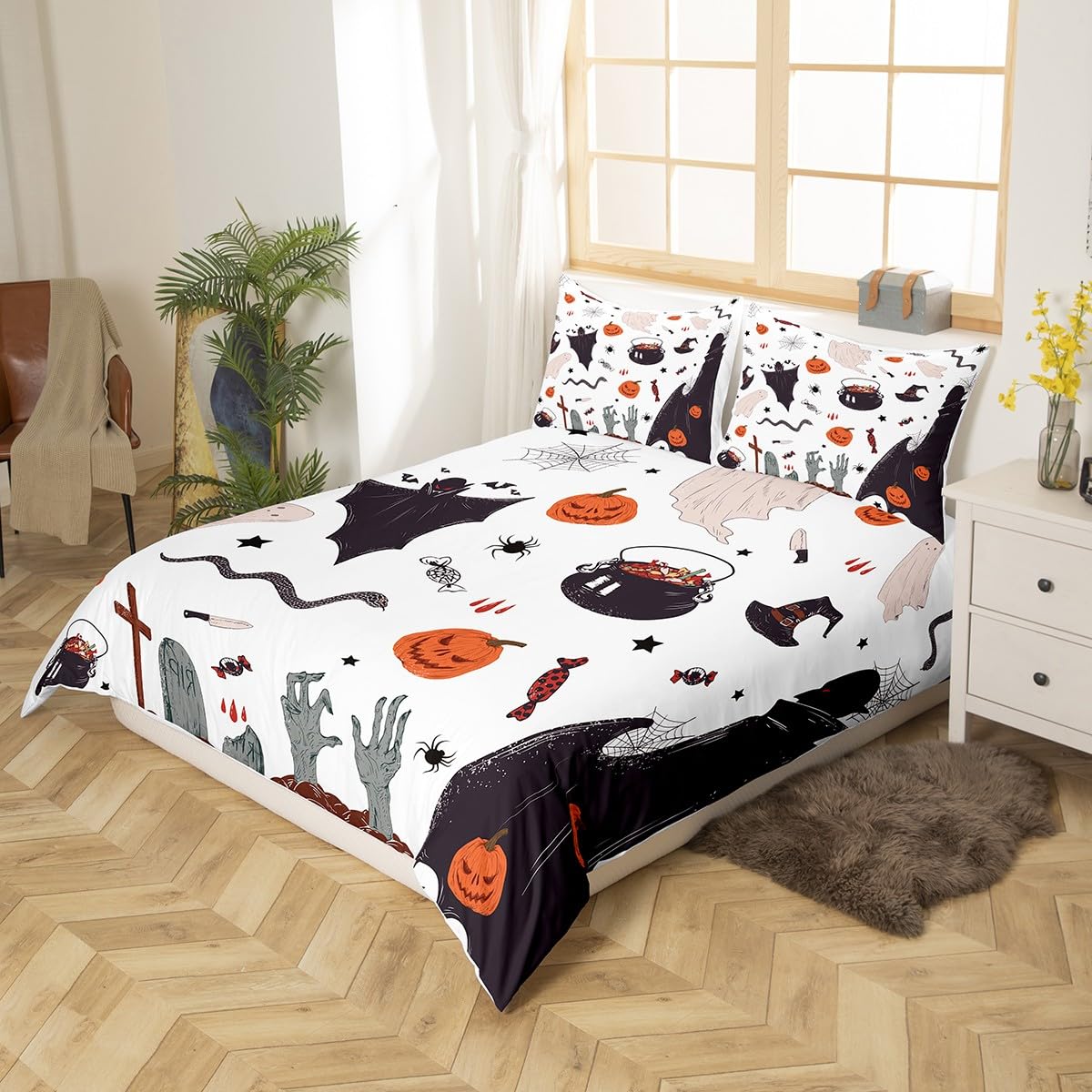 Feelyou Halloween Themed Bedding Set for Girls Boys Kids Twin Size Wizard Ghost Comforter Cover Set Room Decorative Spider Pumpkin Lantern Duvet Cover Scary Halloween Bedspread Cover Bedclothes