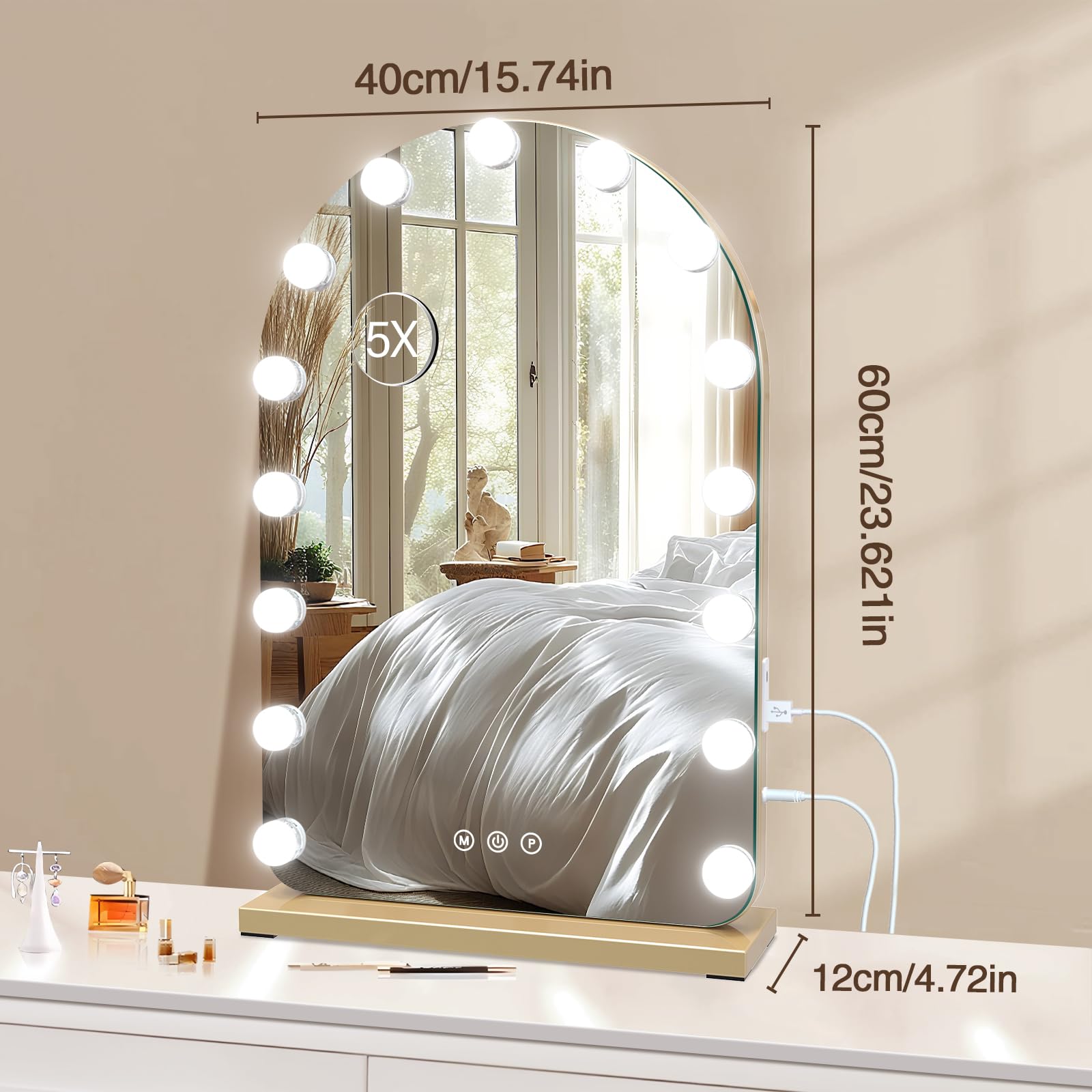halumao Schminkspiegel mit Beleuchtung 40x60cm Hollywood Spiegel 15 Lampen 3 Farbmodi Gold