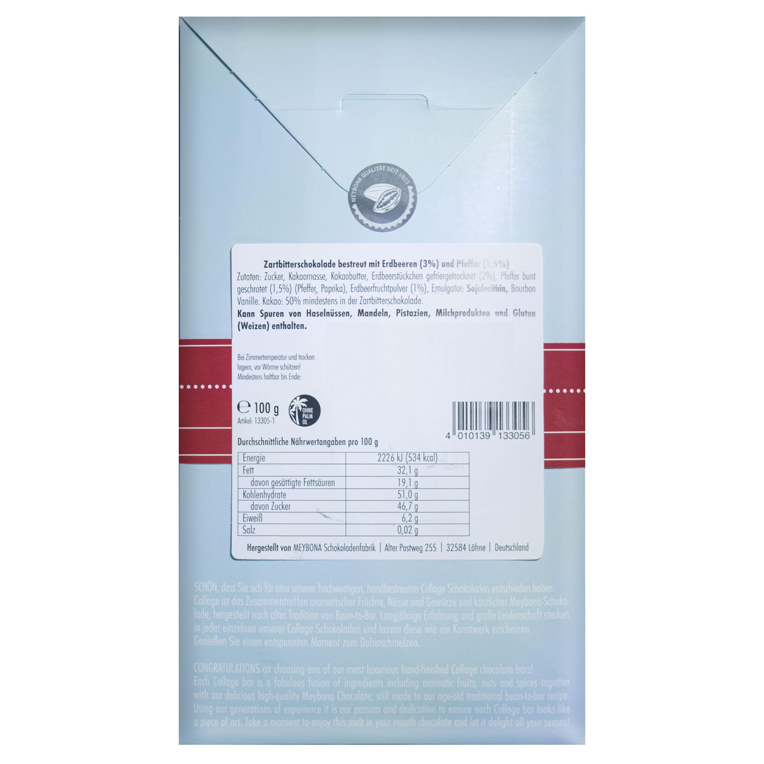 Meybona Collage Zartbitter-Schokolade 50% | Erdbeer Pfeffer | 7x100g | Handbestreut, Fairtrade Kakao, Bean-to-Bar, Edelkakao-Schokoladen, Tafelschokolade, seit 1923, 50% Kakao
