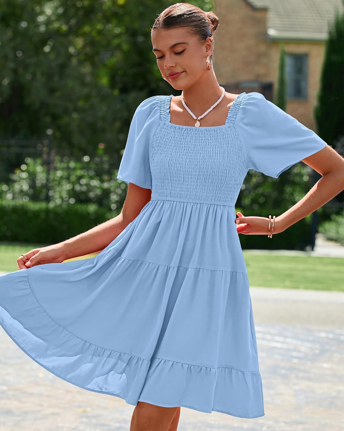 BTFBM Womens Summer Smocked Mini Dress Spring Square Neck Flutter Sleeve Casual Ruffle Swing Boho Beach Dresses Pockets - Image 5