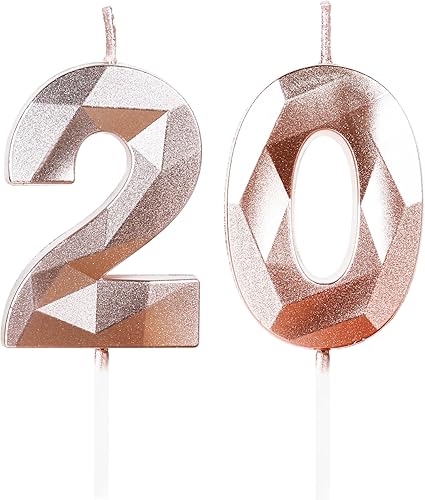 Velas de cumpleaños número 20, velas del número 20, velas de feliz cumpleaños de oro rosa para pastel, decoración de pastel de diseño 3D para niños,