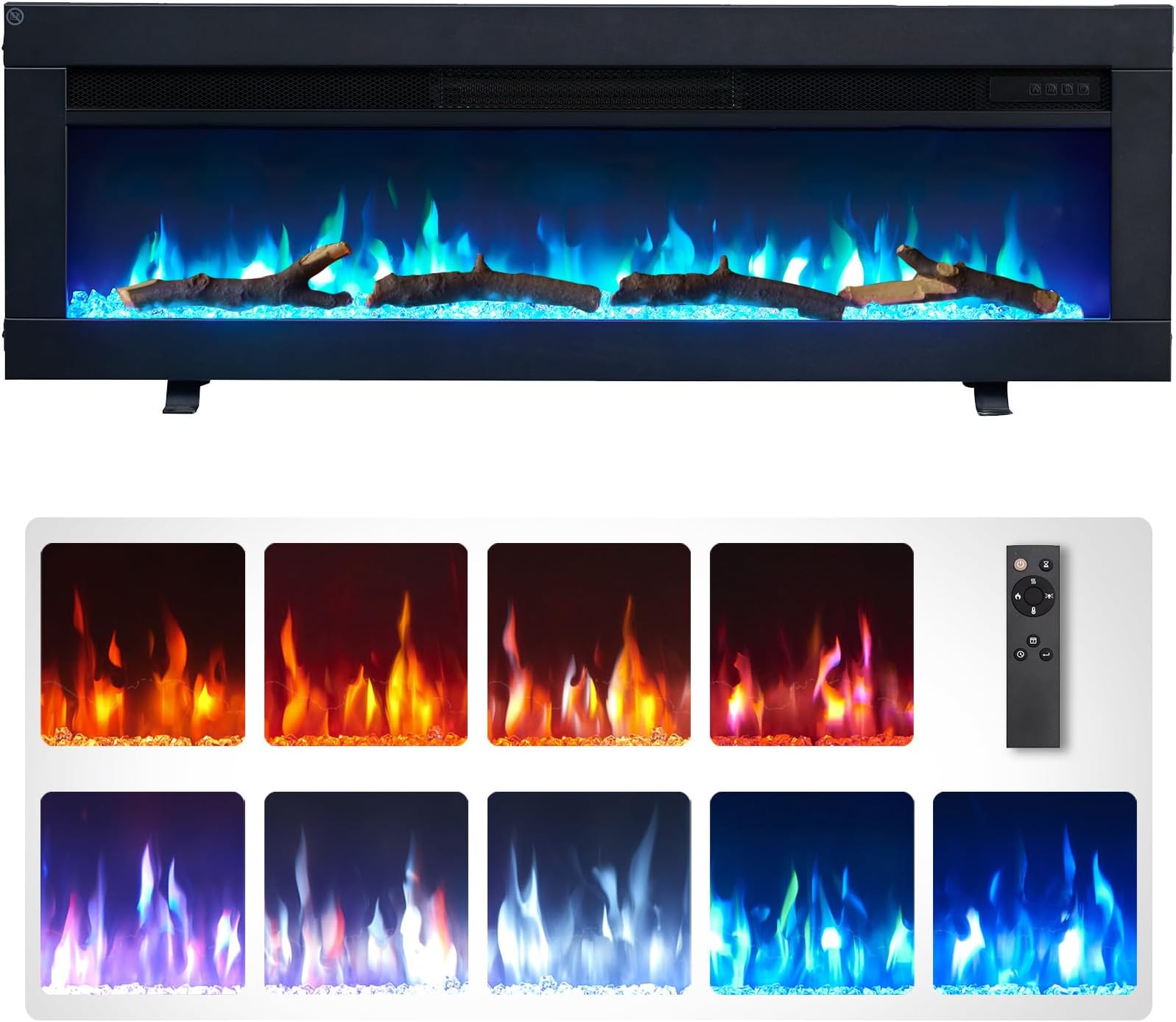 FlameKo Dilton 40"/102cm 3 in 1 Electric Fireplace with logs, Freestanding, Wall Mounted, Recessed, 9 Colour Flame Effect, Media Wall Compatible, 900W - 1800W Heater, Remote Control