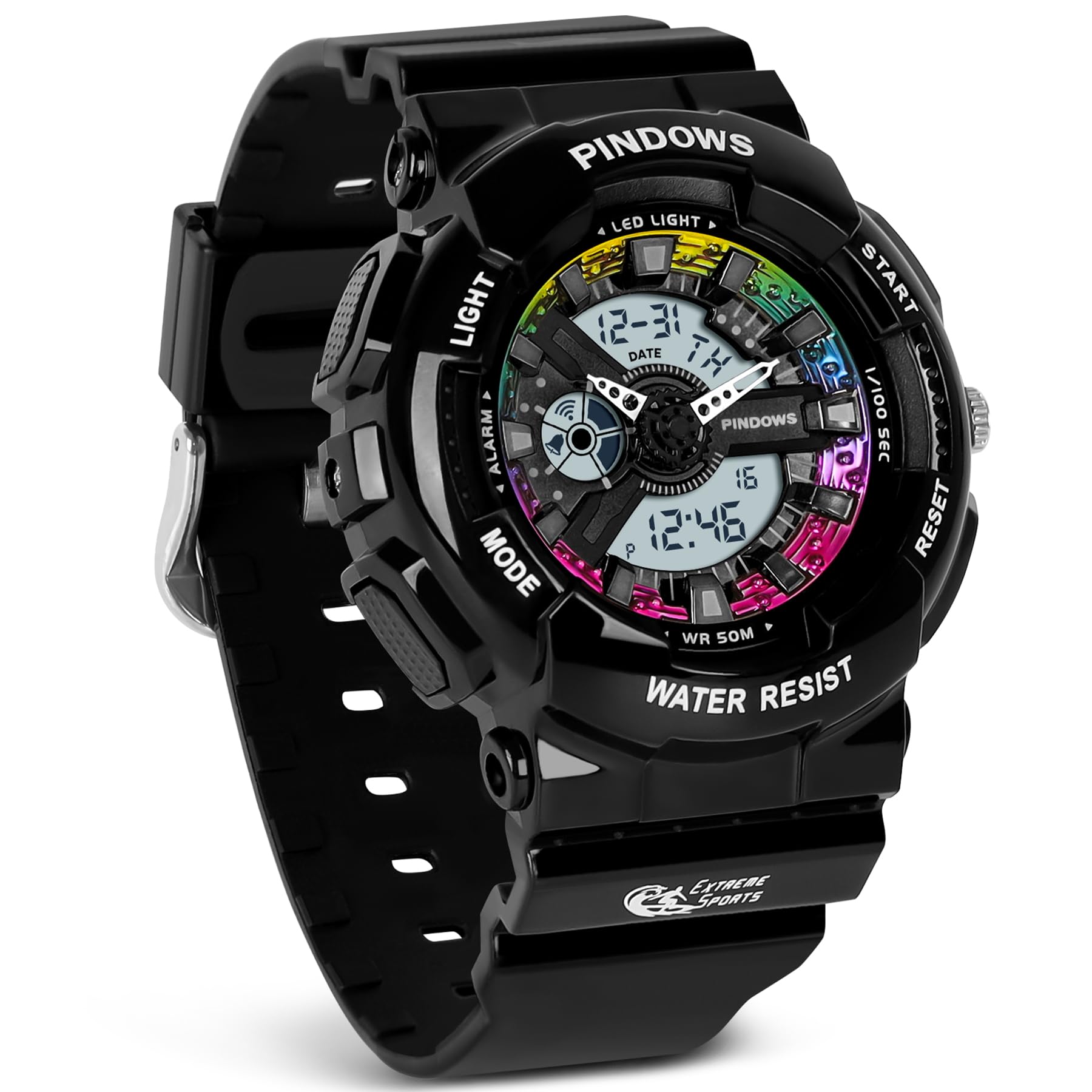 PINIDOUS Relojes para Mujeres Reloj Estudiantes Adolescentes Al Aire Libre a Prueba de Agua Relojes Deportivos Analógicos Digitales con Cronómetro Alarma Cuenta Atrás 7 Colores LED