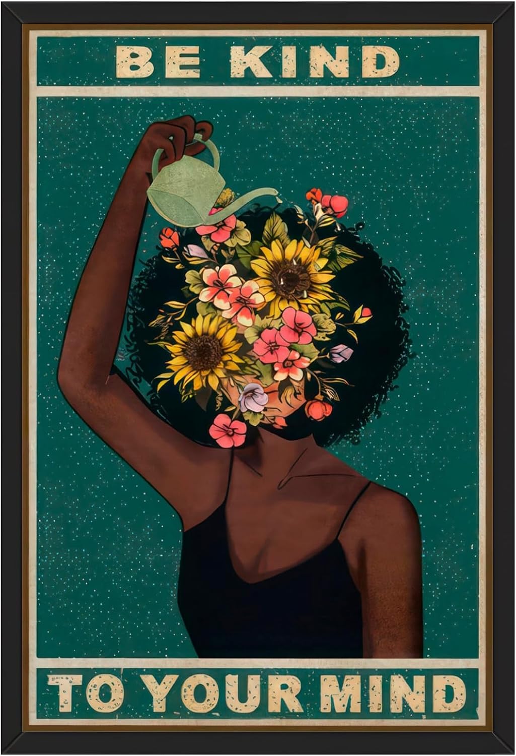 Be Kind To Your Mind Mental Health Wall Art Canvas Print Retro Music Poster Vintage Black Girl Inspirational Quote Picture Trendy Green Decor for Bedroom Room Office Apartment 12x16inch Black Frame