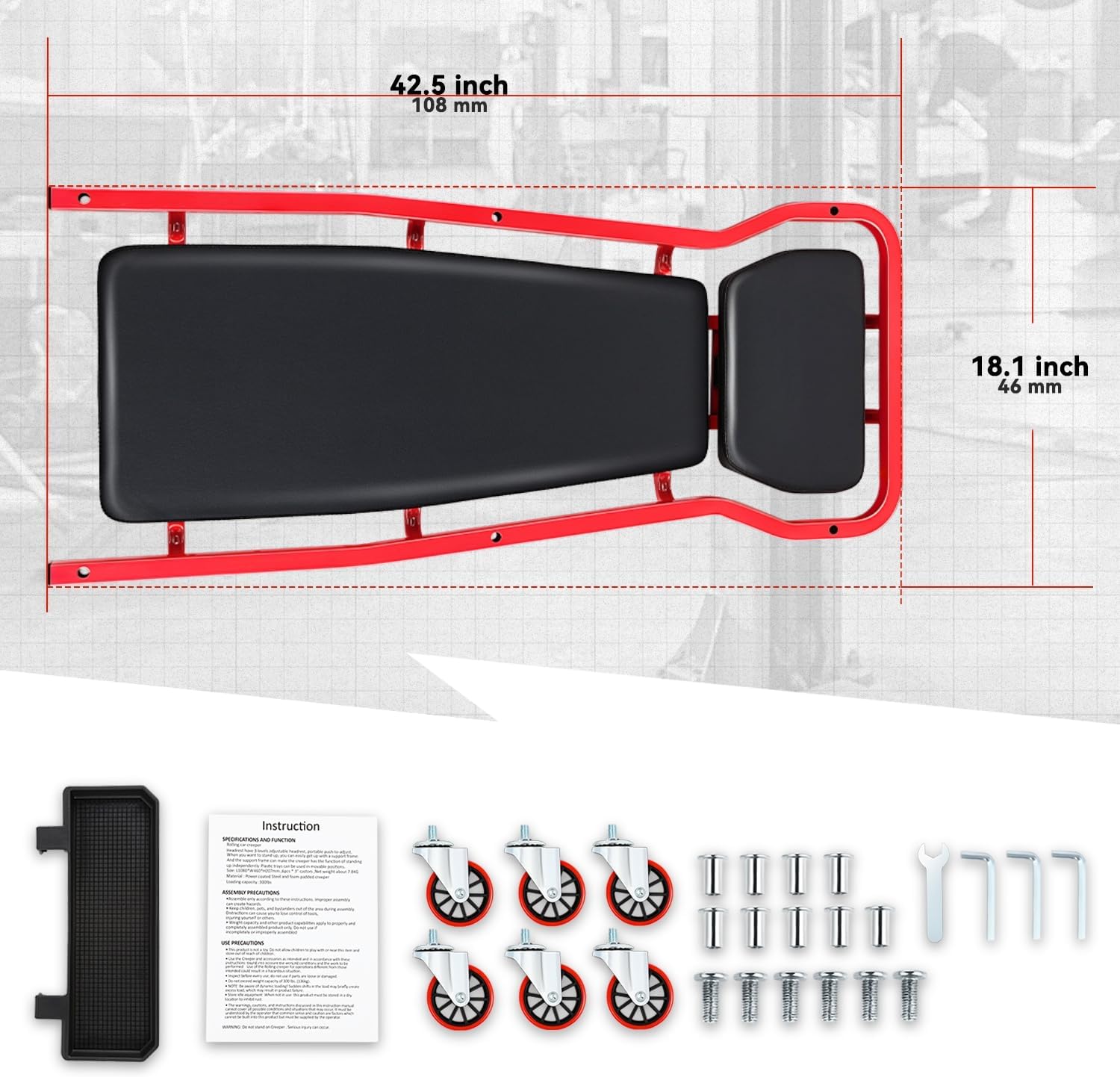 Auto Dynasty Universal 42" L X 18" W Red for Under Car Repair Vehicle SUV Truck Pickup Adjustable Creeper with Padded Headrest + Casters