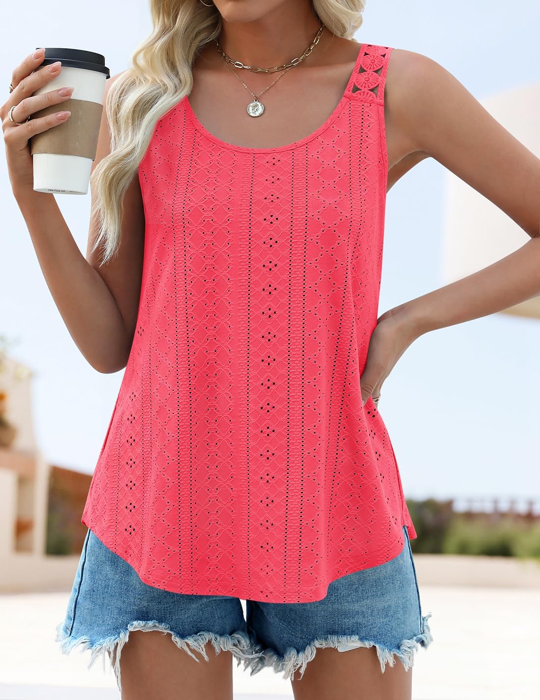 ZESICA Women's Summer Eyelet Tank Tops Loose Trendy Scoop Neck Sleeveless Flowy Beach Vacation Shirts - Image 9