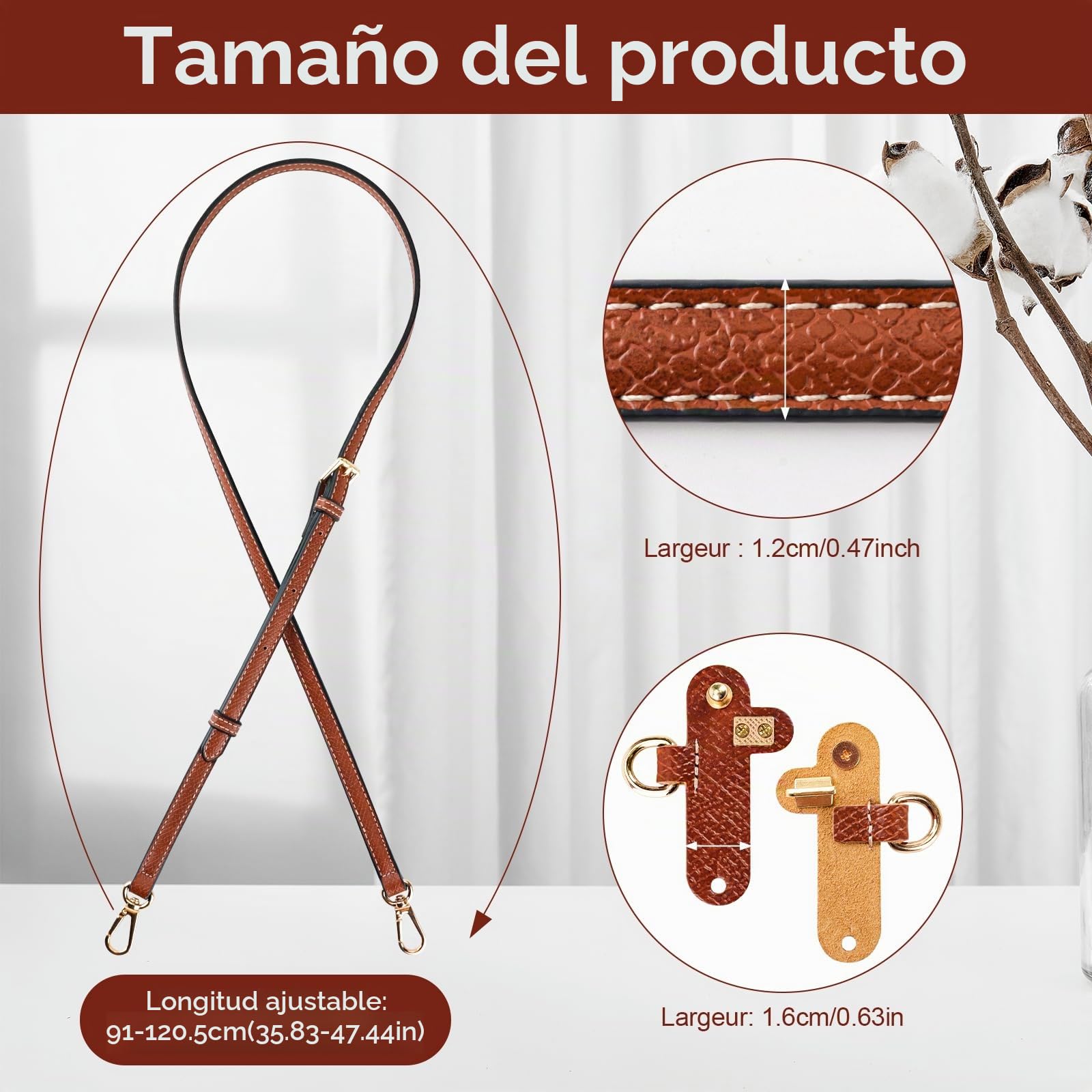 Correa para Longchamp Mini, Correa Bolso Bandolera Mujer - Marrón, Ajustable Cuero Bandolera para Mini Mochila, No Perforación con 2 Adaptadores para Correas de Hombro, Longitudes 120 cm